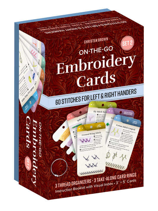 The C&T Publishing On-the-Go Embroidery Cards Set 2 includes 60 creative stitches for left- and right-handers, sample cards, 3 thread organizers, and a booklet with visual index—all in a portable embroidery set.
