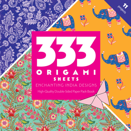 The 333 Origami Sheets Enchanting India Designs by C&T Publishing features vibrant blue paisleys, orange backgrounds with decorated elephants, floral patterns, and a pink origami crane on the cover's bottom right corner.