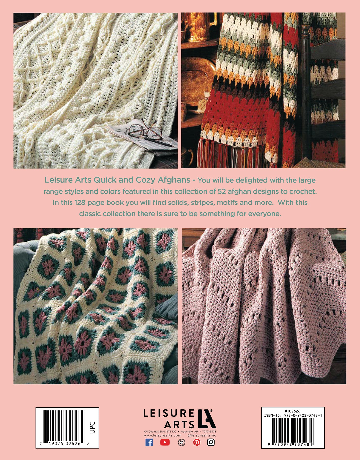 Four afghans in cream, multicolor, green with pink squares, and light pink—crocheted using large hooks—are draped on sofas and chairs. Patterns from Leisure Arts' Quick & Cozy Afghans Digital Download add warmth and style to any room.