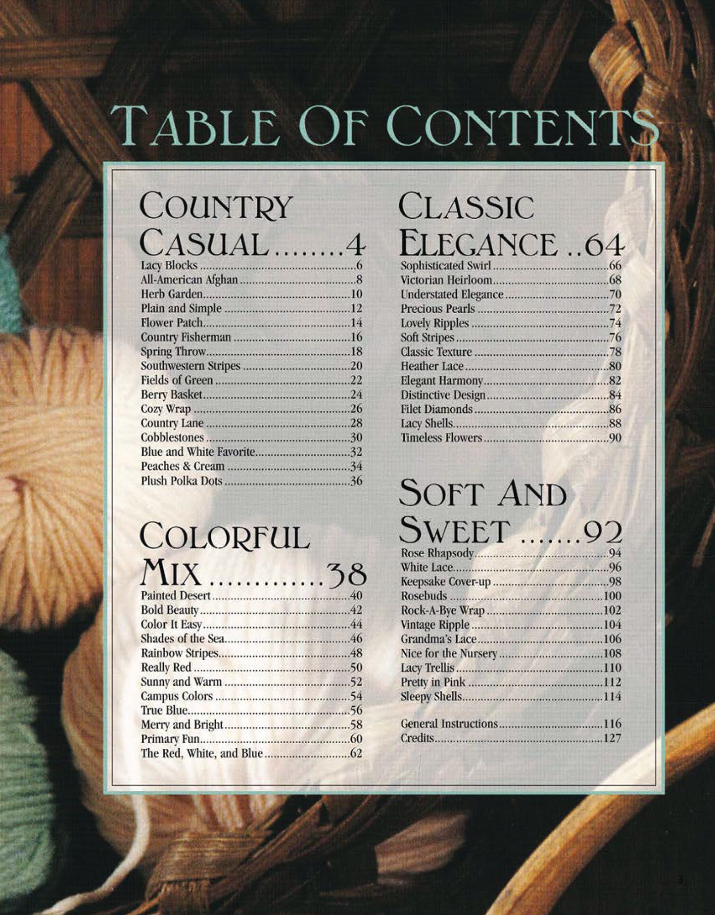 Table of contents page for Leisure Arts’ Quick & Cozy Afghans Digital Download features four sections—Country Casual, Colorful Mix, Classic Elegance, and Soft and Sweet—with projects listed over yarn skein backgrounds.