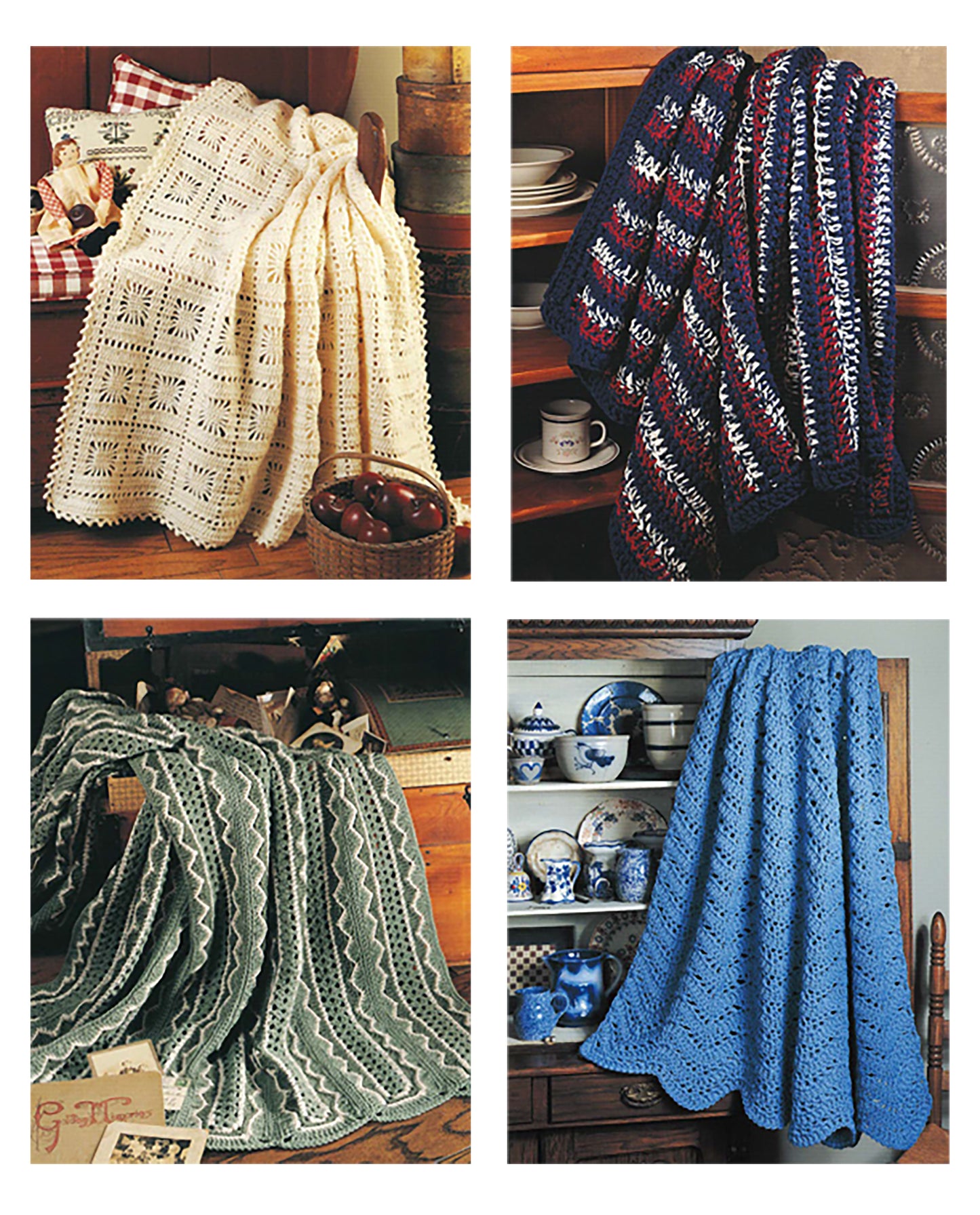 Discover four cozy crochet afghan patterns from Leisure Arts’ Quick & Cozy Afghans Digital Download—featuring cream lace, navy/red/white stripes, sage green ripples, and blue fan-stitch designs. Perfect for large hook projects and rustic home decor!.