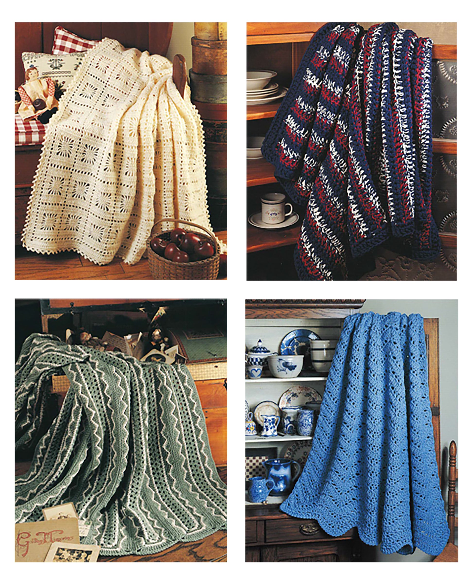 Discover four cozy crochet afghan patterns from Leisure Arts’ Quick & Cozy Afghans Digital Download—featuring cream lace, navy/red/white stripes, sage green ripples, and blue fan-stitch designs. Perfect for large hook projects and rustic home decor!.
