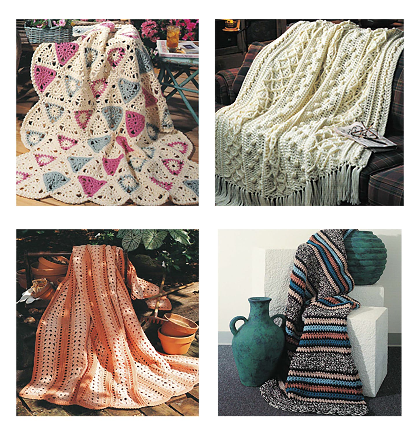 Four distinct afghans from the "Quick & Cozy Afghans Digital Download" by Leisure Arts are draped over chairs and sofas, each highlighting unique colors, textures, and large hook crochet techniques for extra warmth and style.