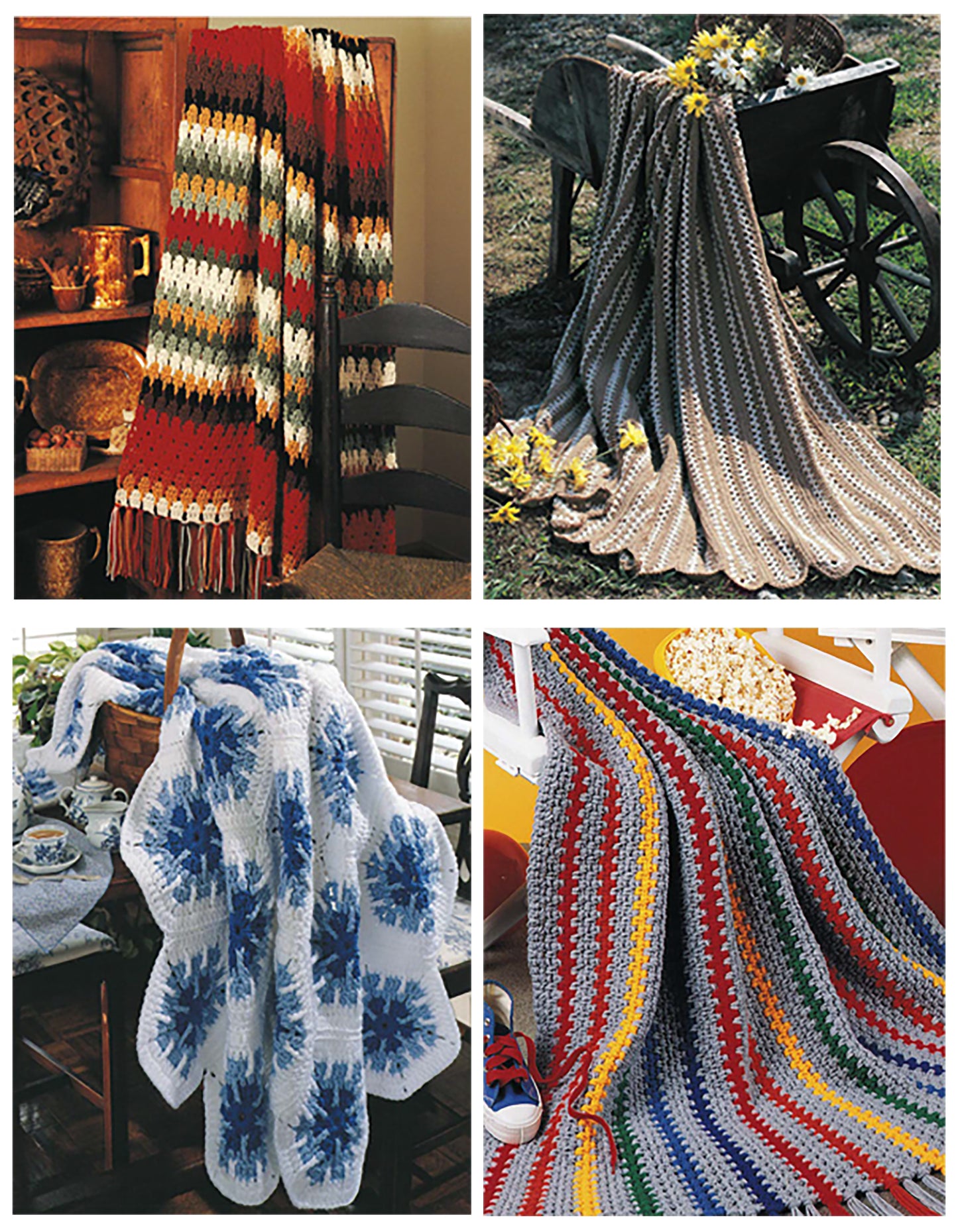 Four cozy afghans—striped autumn, tan with yellow flowers, blue and white floral, and multicolor stripes—feature classic Leisure Arts designs in the Quick & Cozy Afghans Digital Download, all made with large hook crochet.