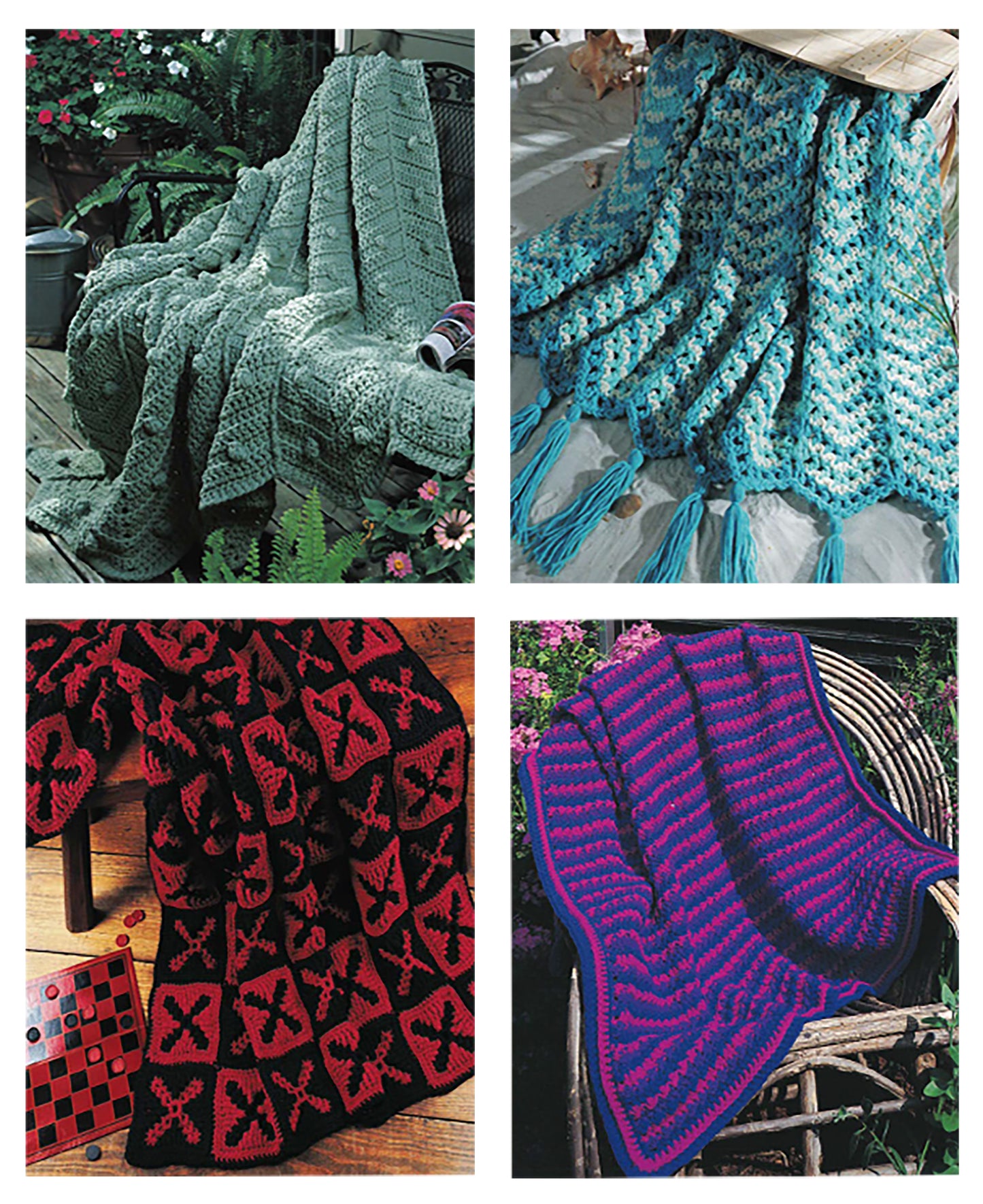 A collage of four crocheted blankets, including the purple and pink striped Quick & Cozy Afghans by Leisure Arts, plus a textured green outdoors, blue tasseled on wood, and a red-black geometric afghan on a table.