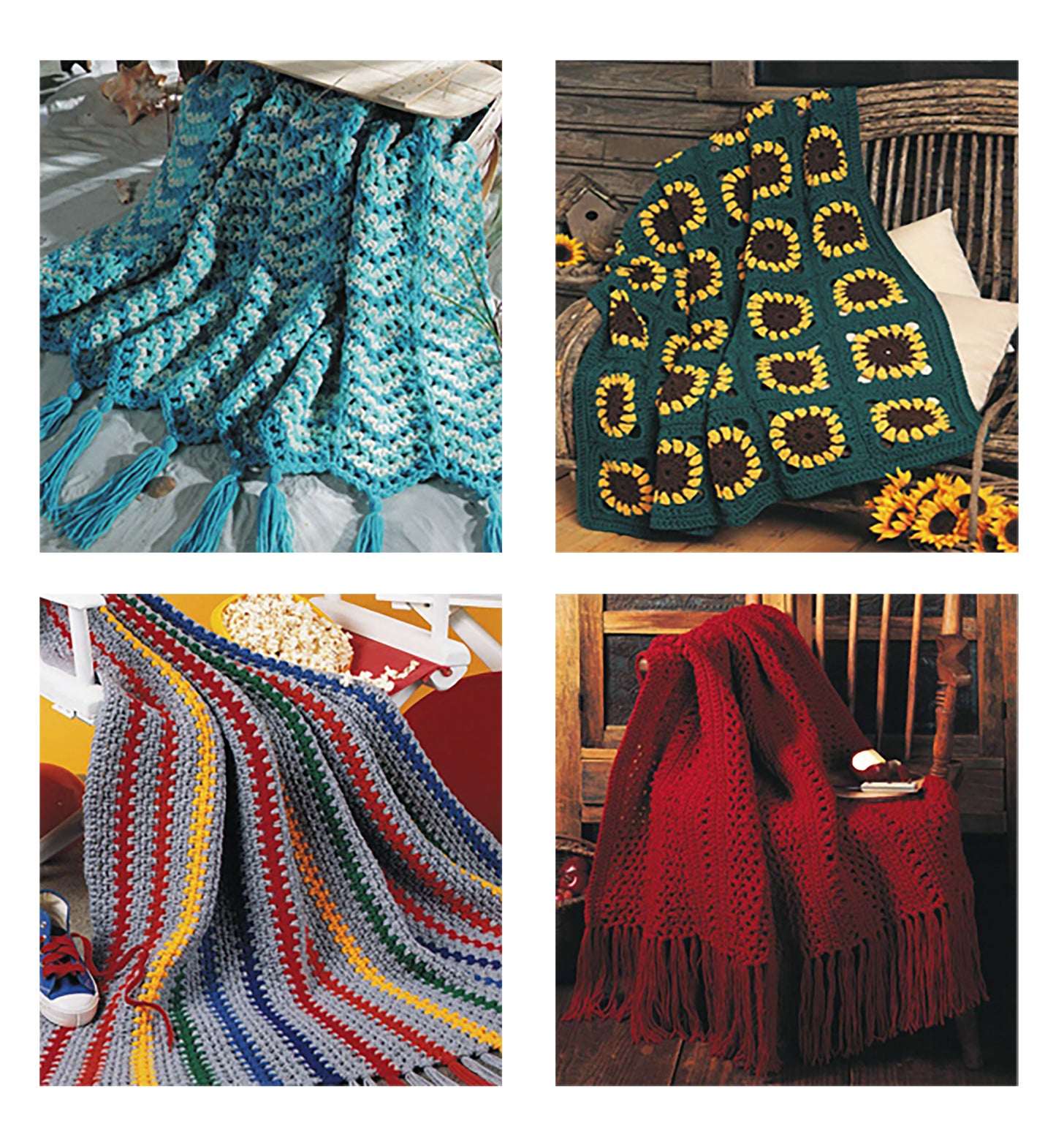Four crocheted blankets from the "Quick & Cozy Afghans Digital Download" by Leisure Arts: light blue with tassels, dark green with yellow floral squares, multicolored stripes, and solid red with fringe, all crafted using large hook crochet techniques.
