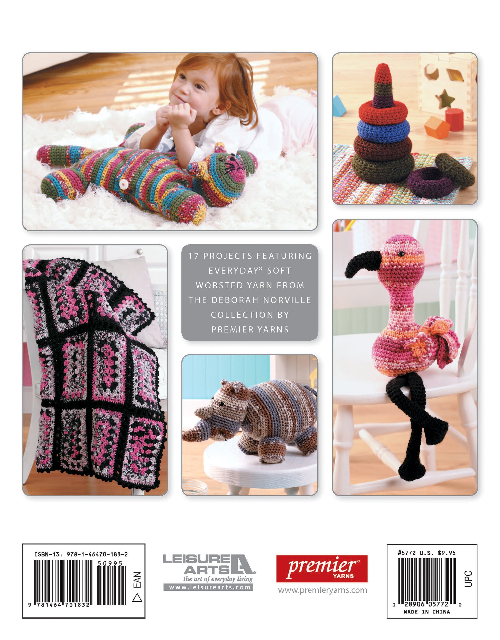 The back cover of "Everyday Crochet for All" by Leisure Arts displays five photos: a child with a crocheted stuffed animal, stackable rings, a flamingo, a pink and black blanket, and a cat—all easy beginner patterns.
