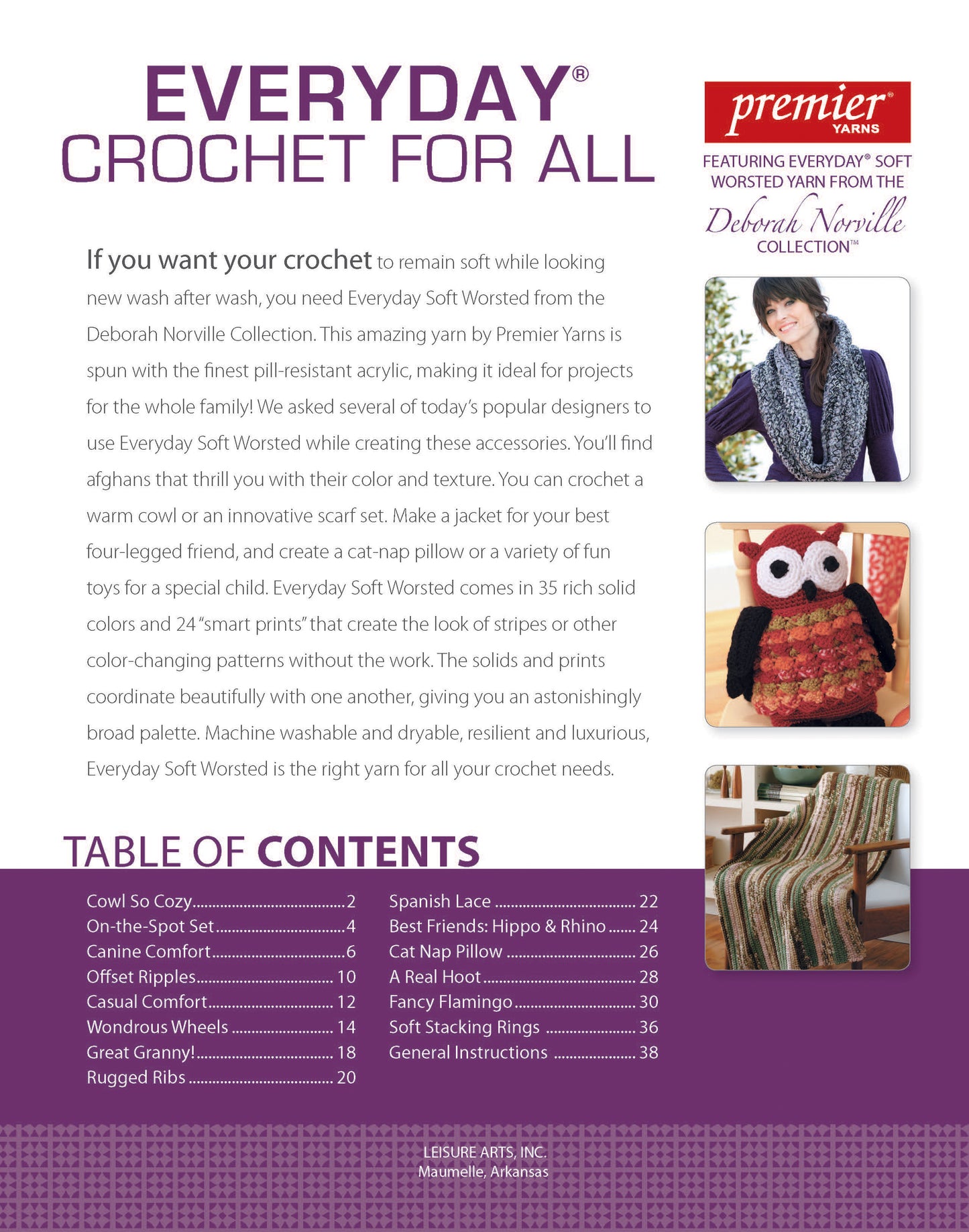 The Leisure Arts "Everyday Crochet for All" magazine showcases easy, beginner crochet patterns with photos of a woman in a crocheted scarf, yarn balls, and a crocheted owl on its table of contents page.