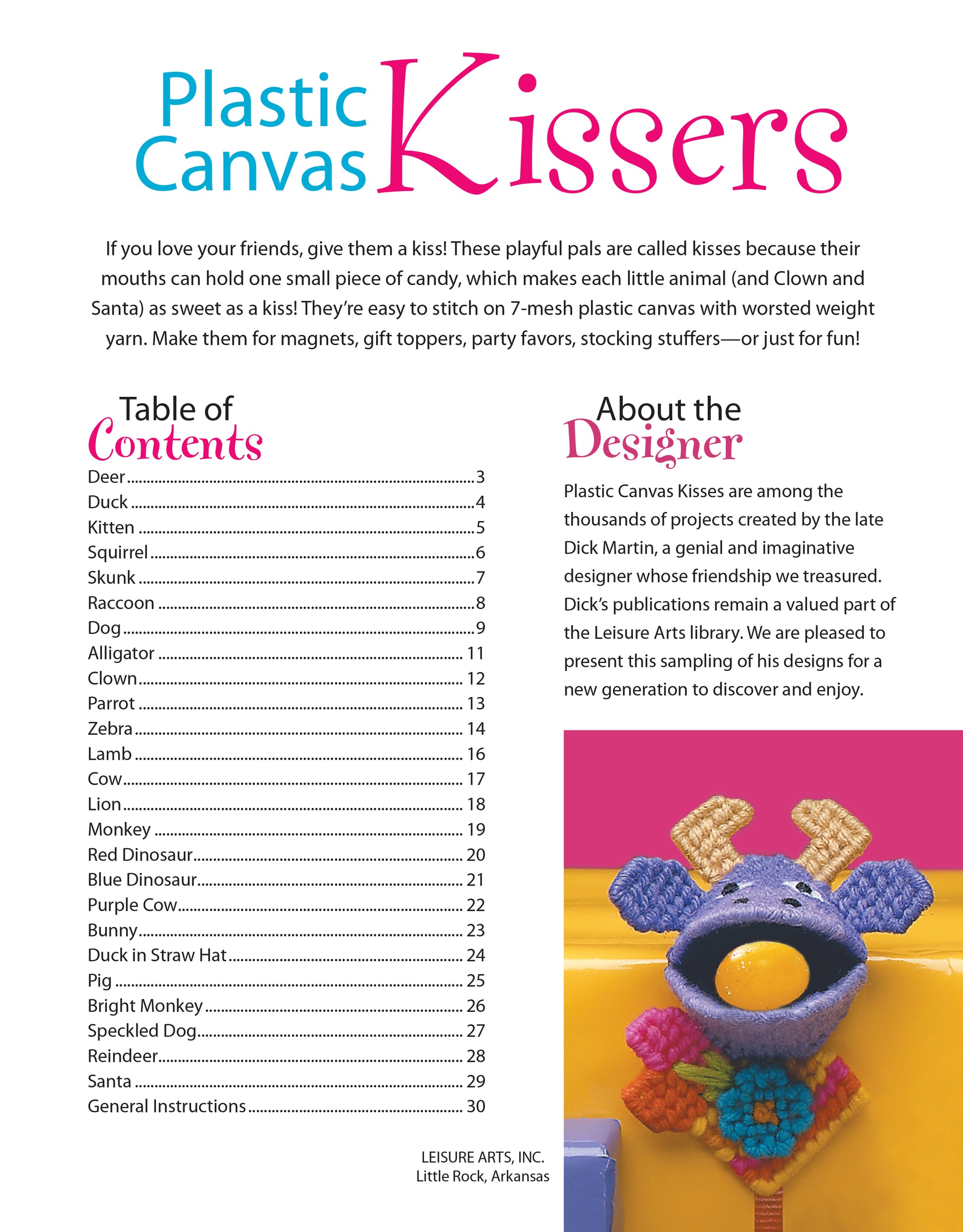 The Plastic Canvas Kissers Digital Download by Leisure Arts features animal candy holders, a designer bio, and a photo of a purple and yellow plastic canvas holder with a candy kiss inside.