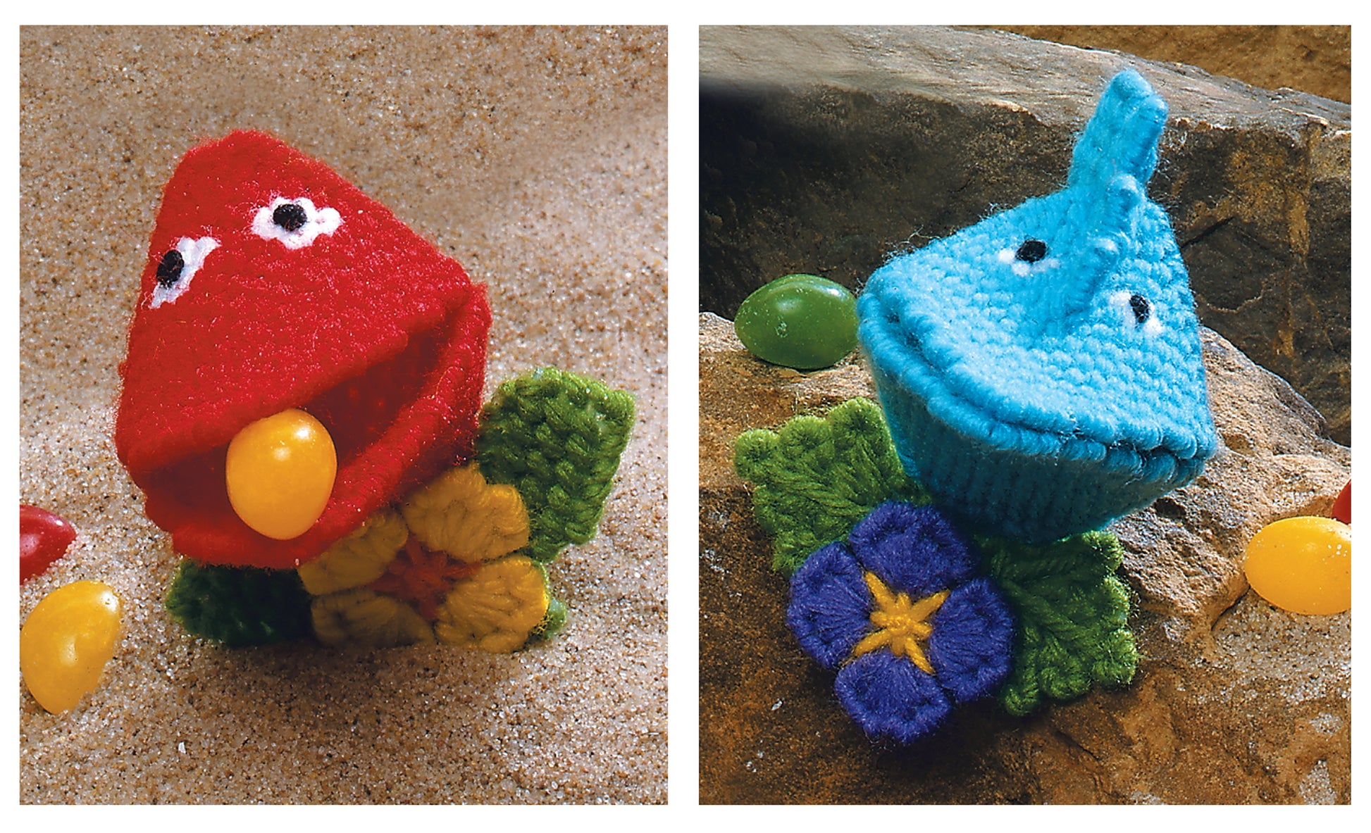 Leisure Arts Plastic Canvas Kissers Digital Download: Make two cute animal candy holders—one red with a yellow flower, one blue with a purple flower—each holding a yellow jellybean. Fun and easy beginner needlecraft project!.