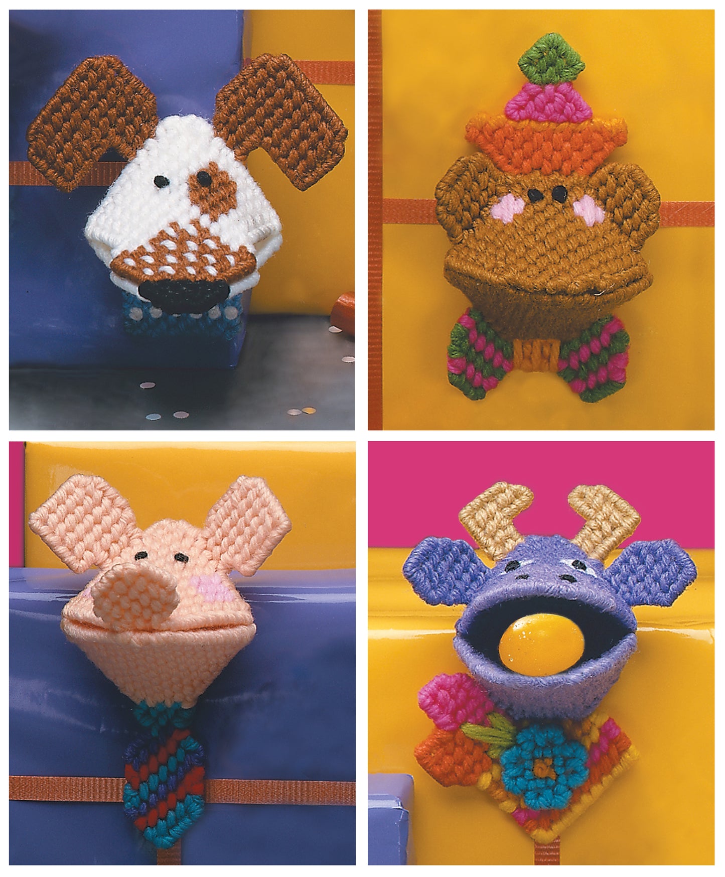 The Plastic Canvas Kissers Digital Download by Leisure Arts features four colorful, handmade animal faces crafted from yarn and plastic canvas patterns—ideal for beginners and perfect as decorative needlecraft projects.