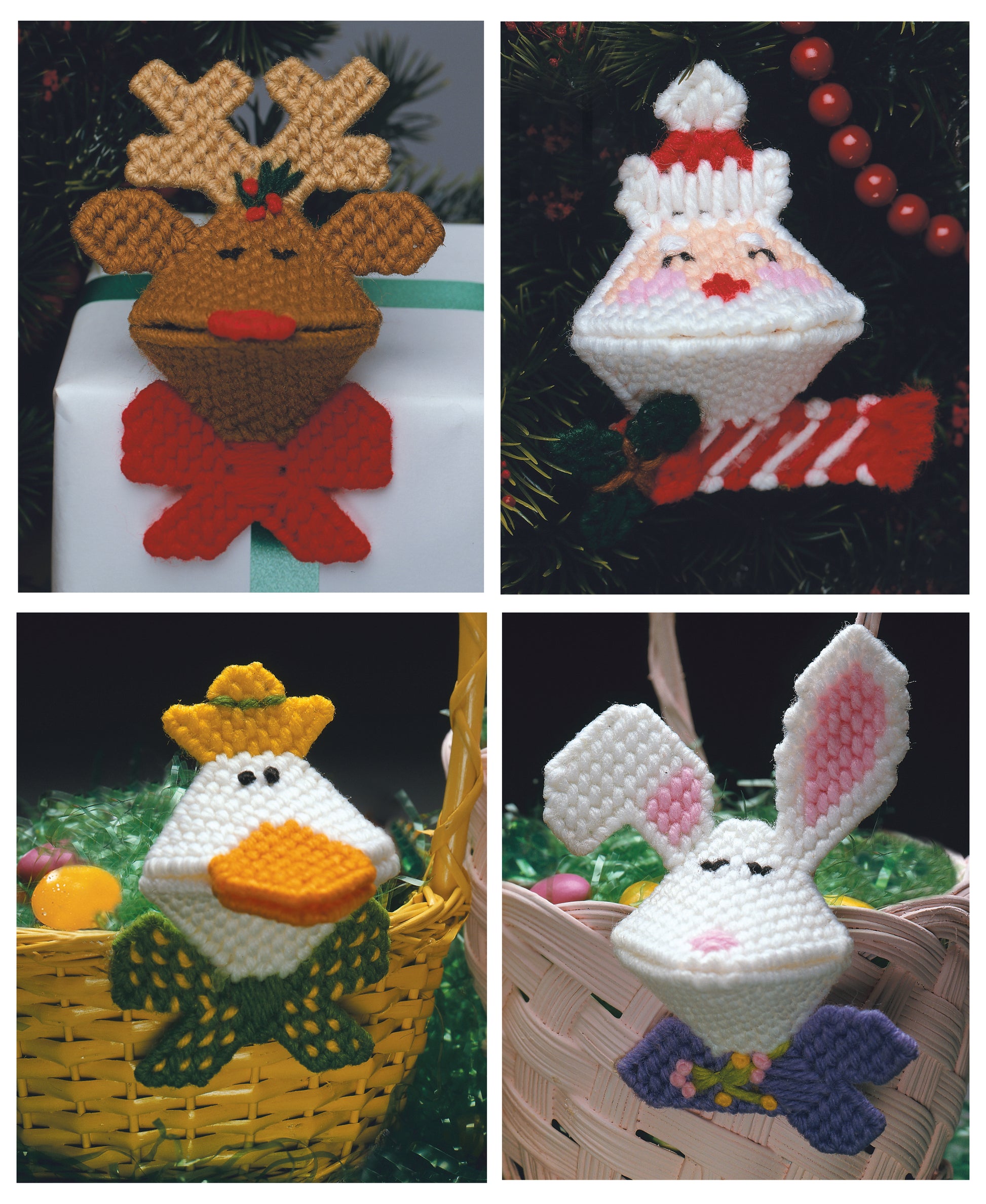 The "Plastic Canvas Kissers Digital Download" by Leisure Arts features four beginner-friendly seasonal needlecraft patterns: a reindeer with holly, Santa on a candy cane, a yellow duck with a green bow, and a white bunny.