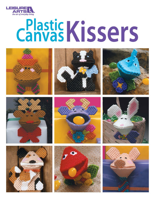 A set of nine playful animal and object-themed crafts, like a cupcake, skunk, bear, fried egg, and frog—ideal for beginners. “Plastic Canvas Kissers Digital Download” by Leisure Arts features easy needlecraft candy holders.