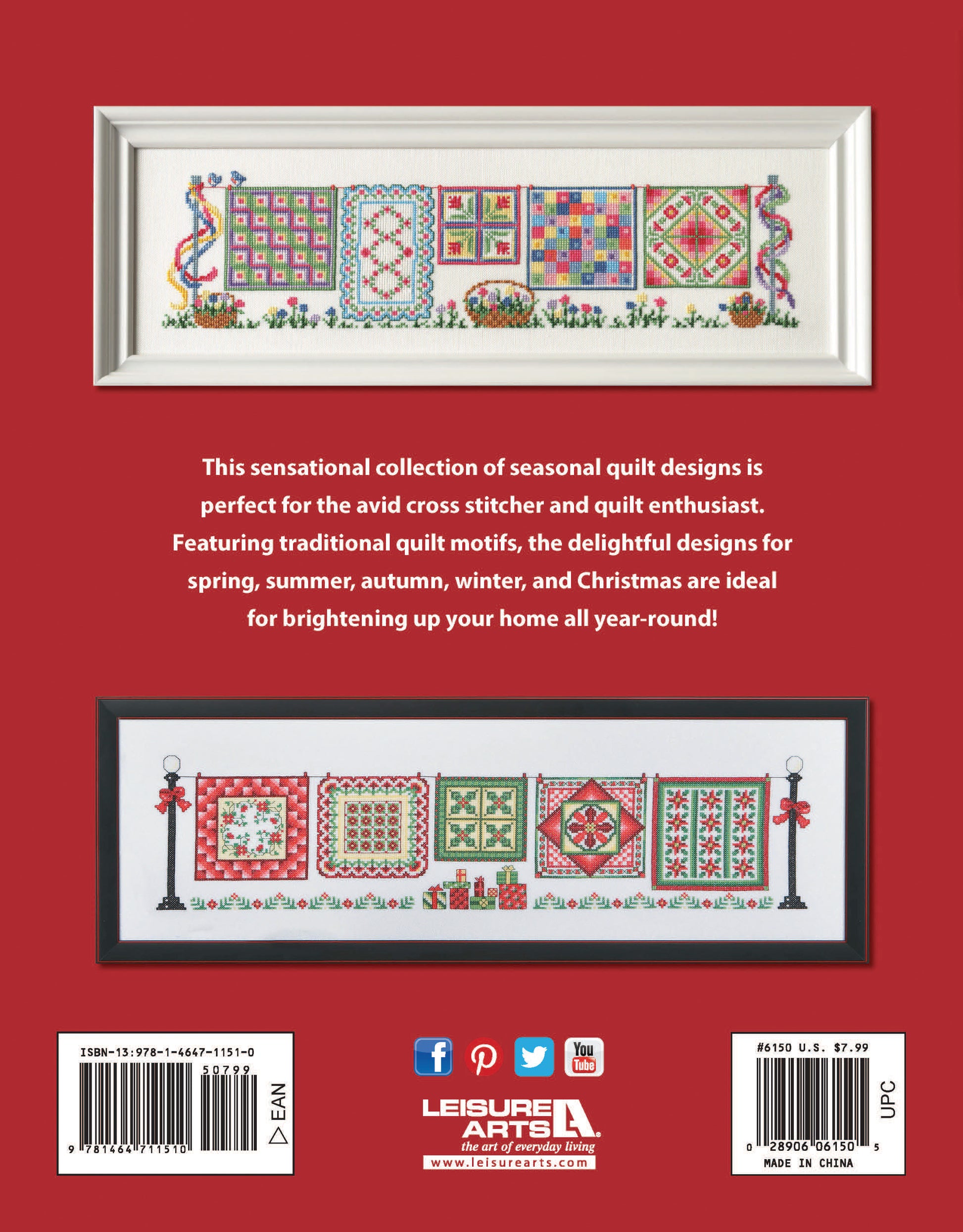 The back cover of Five Seasons of Quilts by Leisure Arts shows two framed cross stitch designs with quilt motifs for spring, summer, autumn, winter, and Christmas, plus text about the quilt patterns and publisher details.