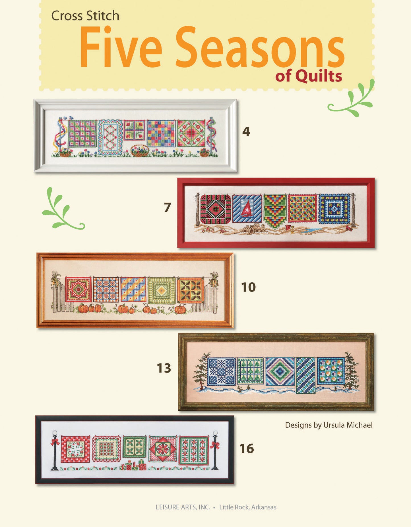 Cover shows framed cross stitch quilt patterns for seasons, labeled 4, 7, 10, 13, and 16. Title: “Five Seasons of Quilts.” Brand: Leisure Arts.