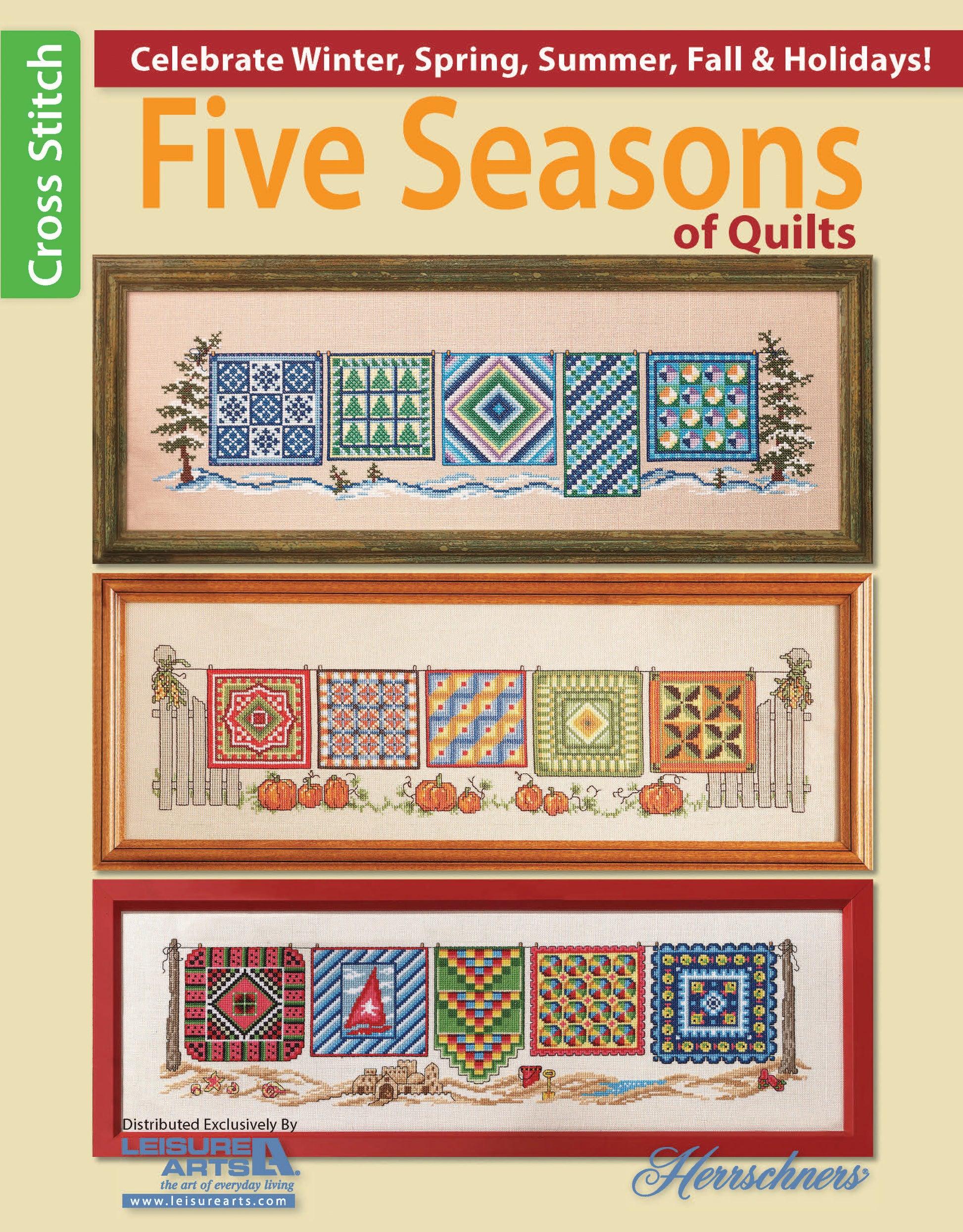 Leisure Arts' "Five Seasons of Quilts" features four framed cross stitch patterns inspired by quilt designs for winter, spring, summer, autumn, and holidays, each with festive and seasonal motifs.