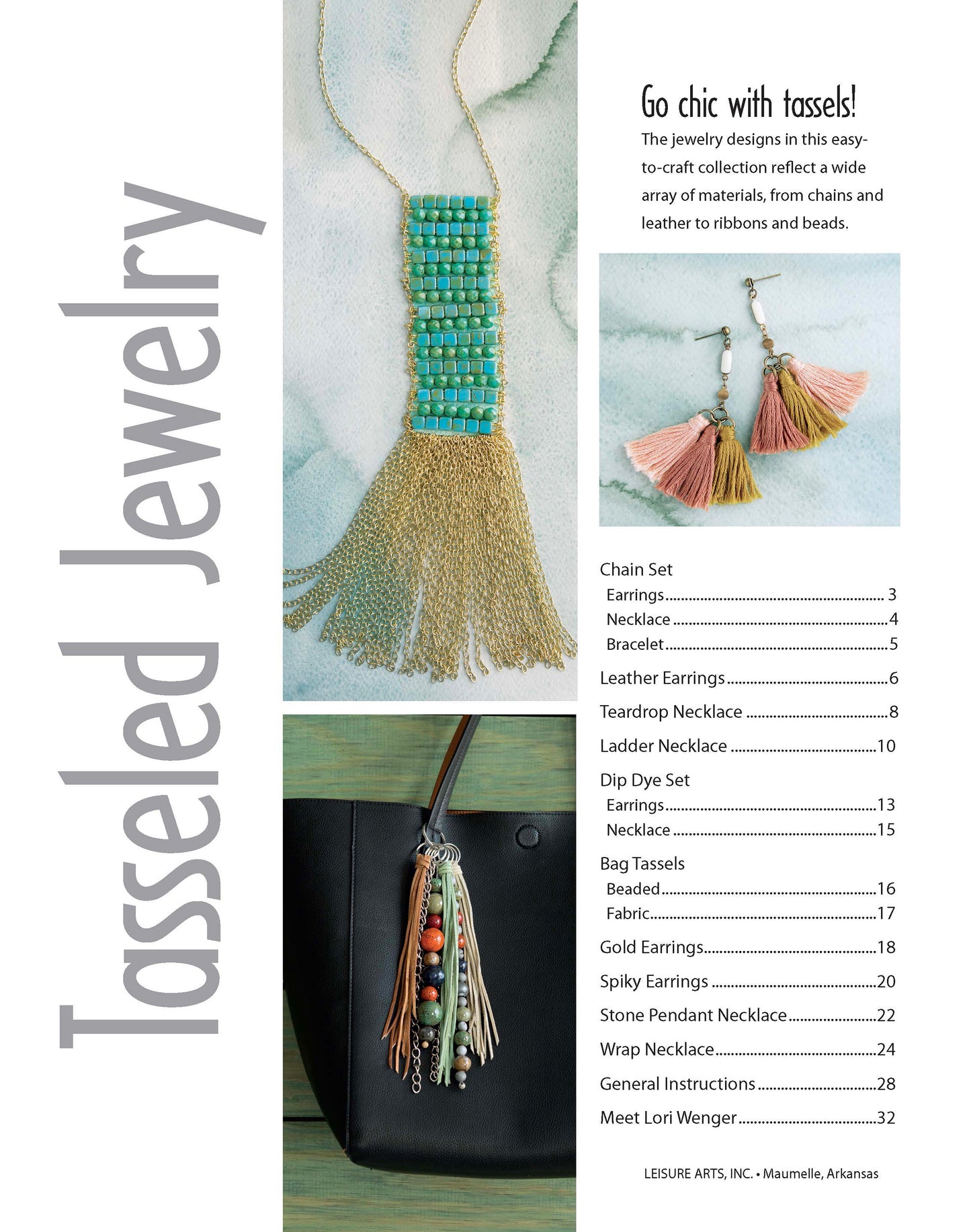A magazine page features "Tasseled Jewelry—From Chains & Leather to Ribbons & Beads" by Leisure Arts, with turquoise beaded necklaces, leather earrings, a black purse with a tasseled keychain, plus DIY jewelry project ideas inside.