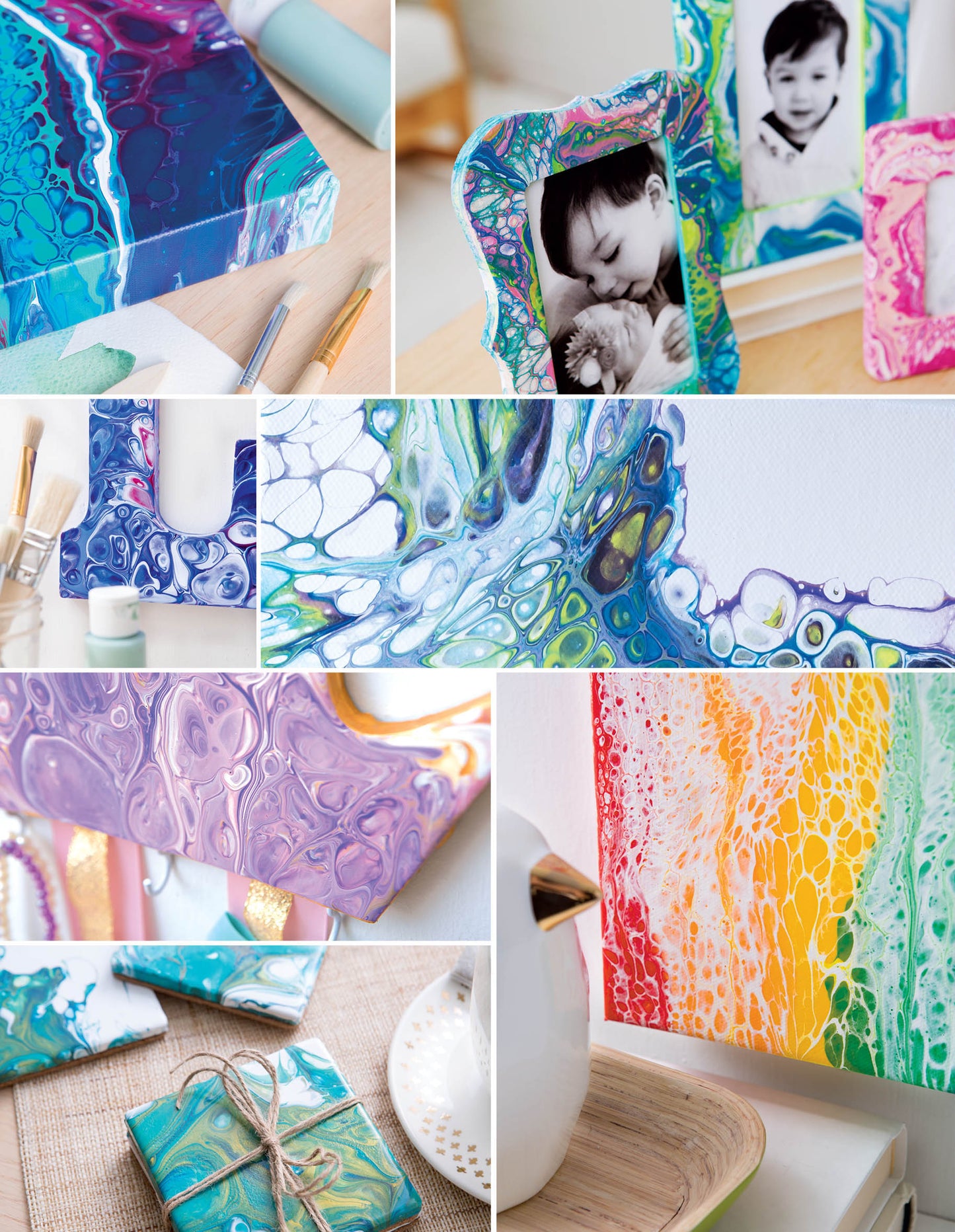 A colorful display of paint pouring projects made with Leisure Arts' Get Started in Paint Pouring kit, showing swirling blue, purple, pink, and rainbow designs on canvases, frames, and a gift atop a light wood surface.