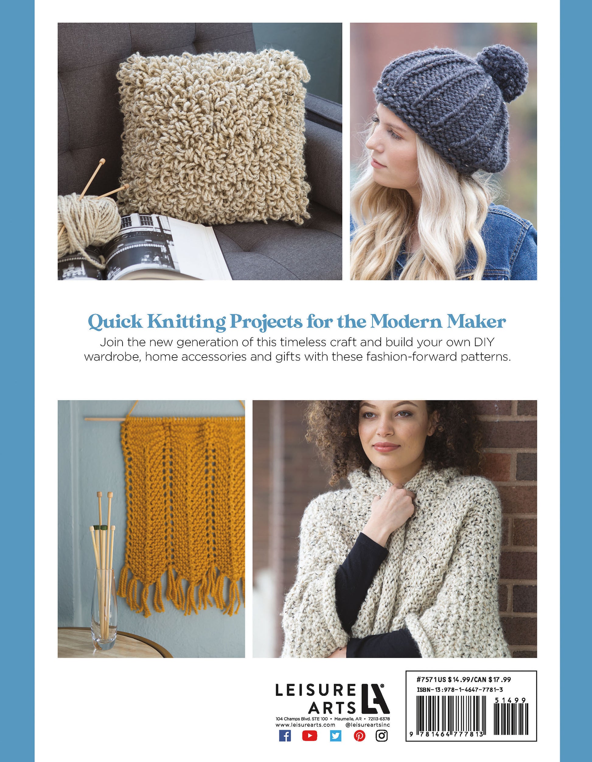Back cover of "Slow Fashion Made Fast" by Leisure Arts, showing beginner patterns like a chunky knit pillow, woman in hat, bold macrame wall hanging, cozy shawl—all crafted with super bulky yarn. Leisure Arts logo appears at the bottom.