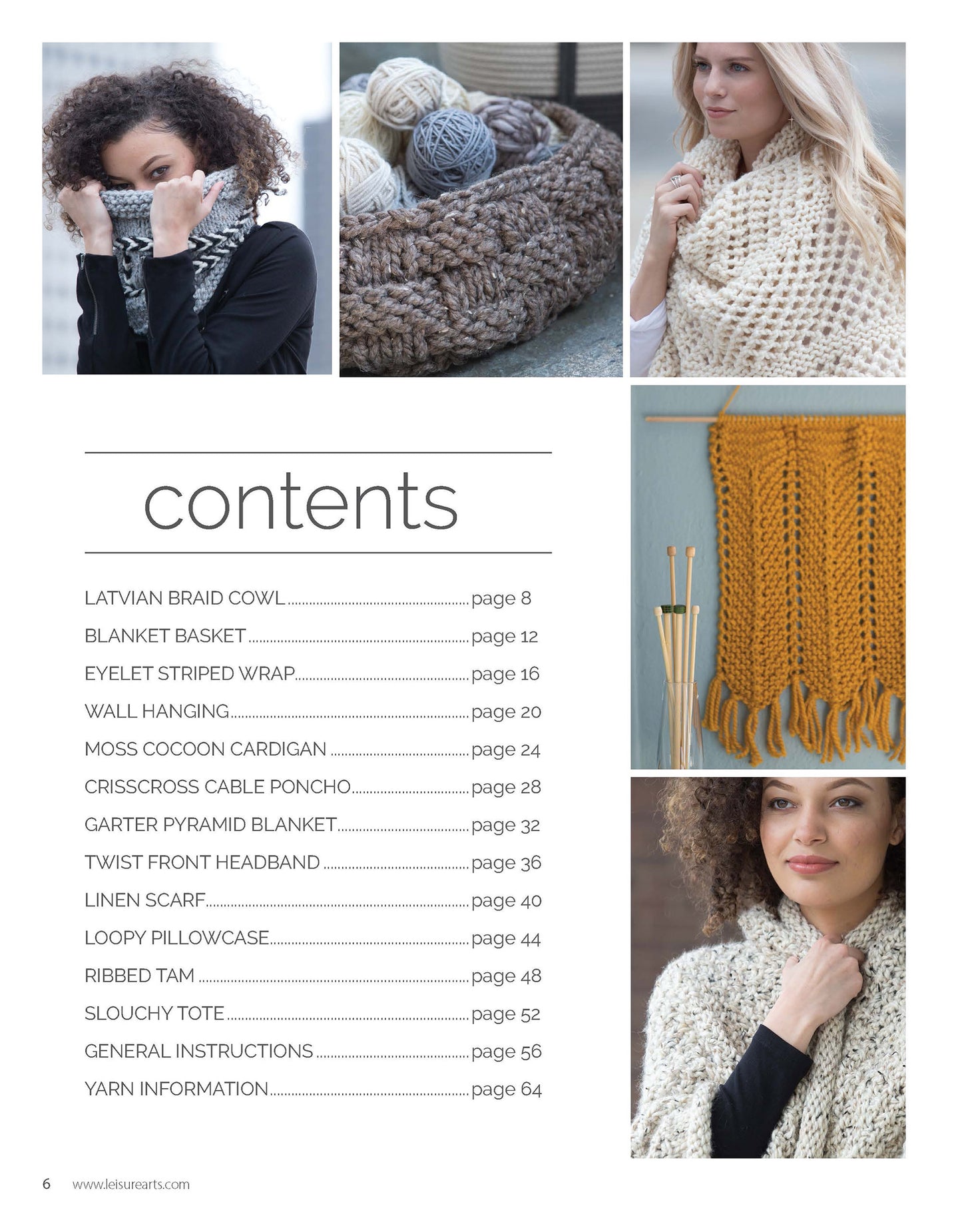 The contents page of Slow Fashion Made Fast by Leisure Arts lists crochet and knit projects with page numbers, quick-knit patterns, and features photos of women modeling scarves and wraps, yarn balls, and a yellow knitted wall hanging.