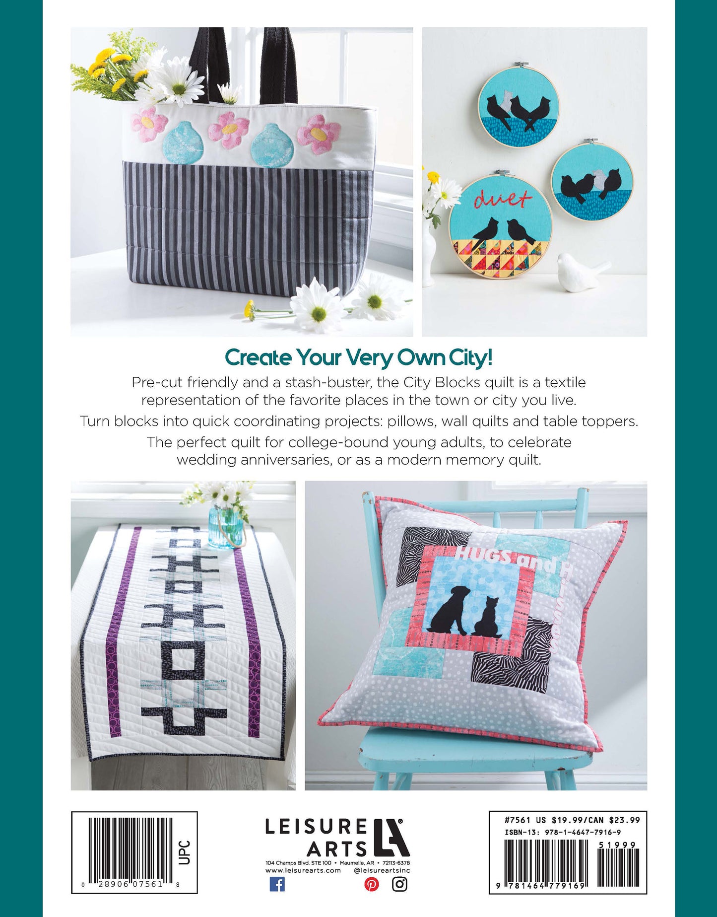 Back cover of "City Blocks—32 Pieced and Applique Blocks Portraying City Life" (digital download) by Leisure Arts, showing a floral tote, bird coasters with “Duet,” City Blocks quilt on bed, and cat pillow with “HUGS”; Leisure Arts logo below.