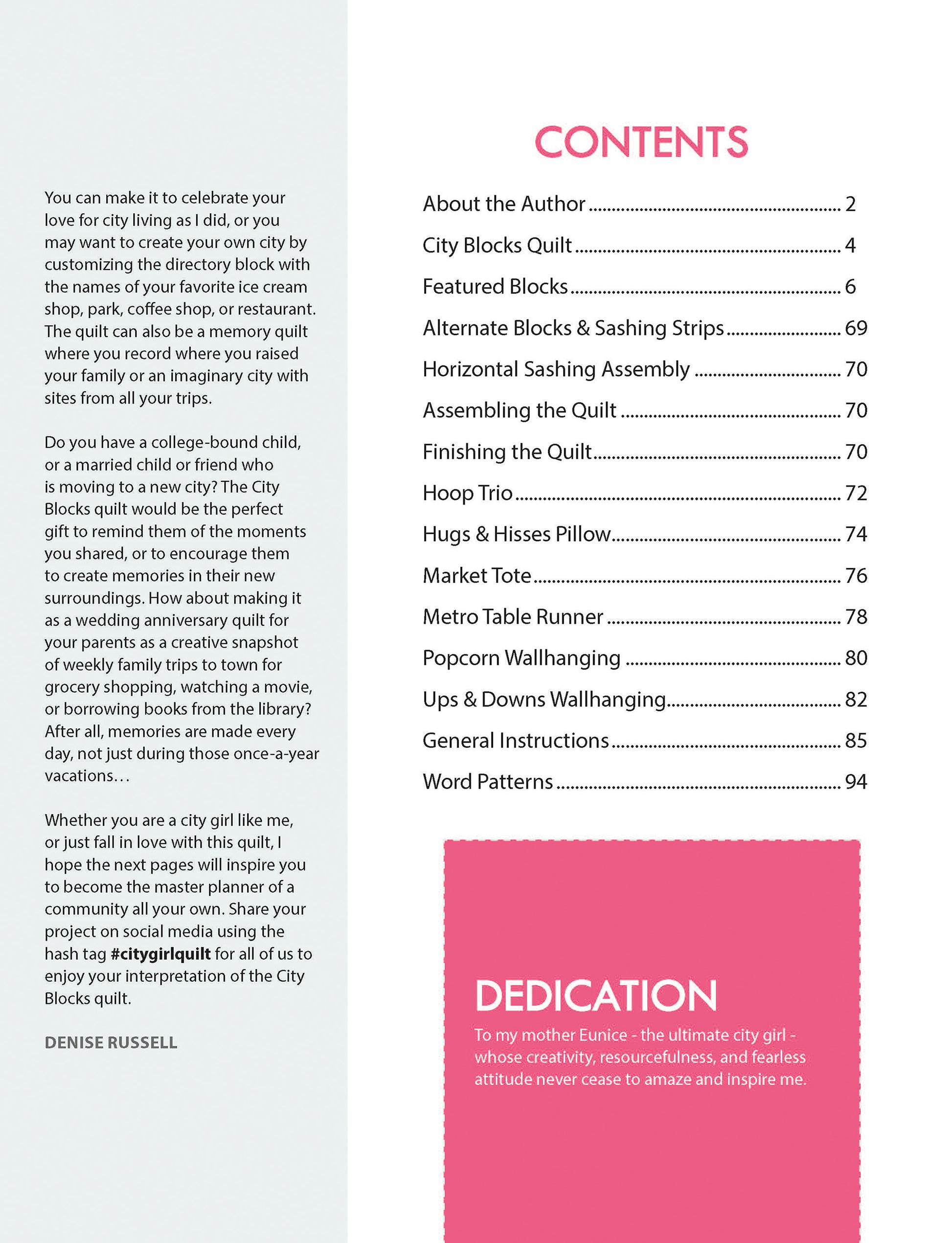 A table of contents for the Leisure Arts book "City Blocks—32 Pieced and Applique Blocks Portraying City Life" lists chapters with page numbers, plus a red-box dedication at the bottom right honoring the author's creative, resourceful mother.