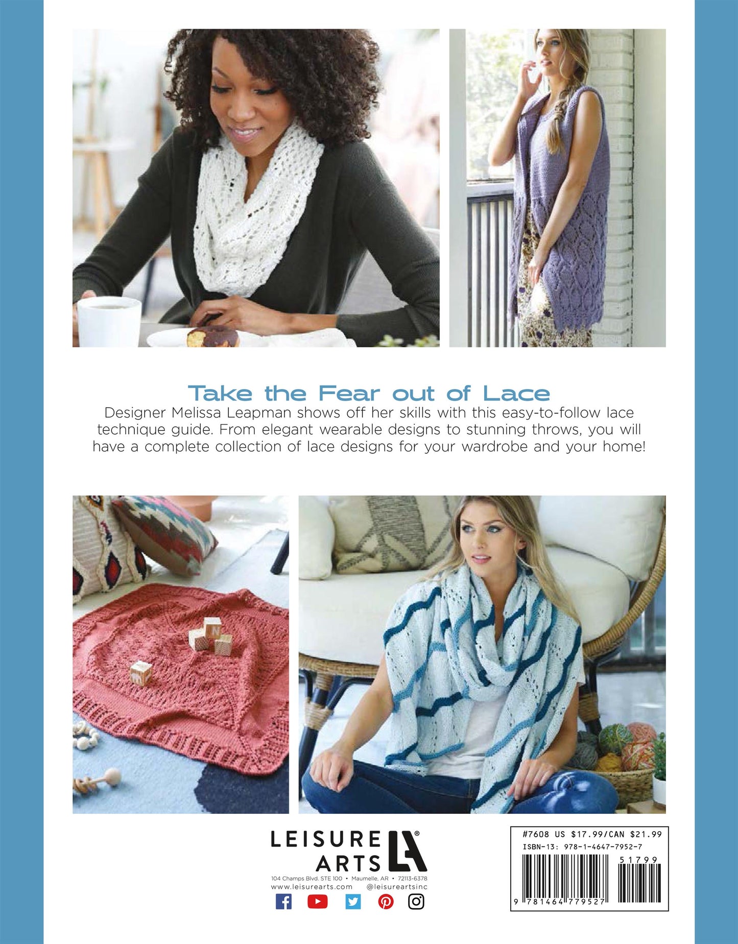 Four women showcase Leisure Arts' "Get Your Lace On" knitwear—scarves, a tunic, and blanket with intricate lace patterns. Posed casually on furniture, they inspire women's knitting projects in a cozy indoor setting.