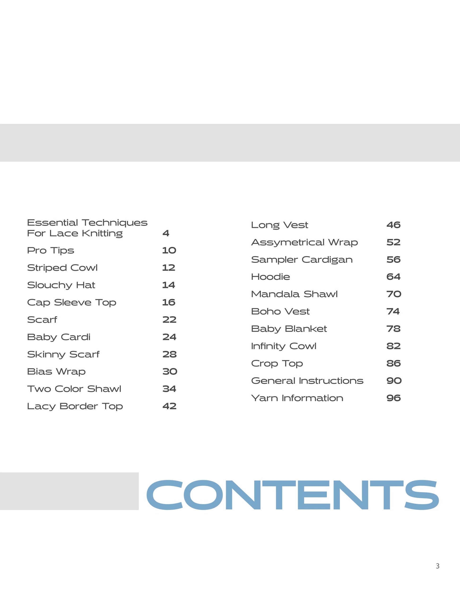 Table of contents for Get Your Lace On by Leisure Arts, featuring women’s knitting projects like scarves, cardigans, shawls, and beginner patterns with page numbers. “CONTENTS” appears boldly at the bottom.