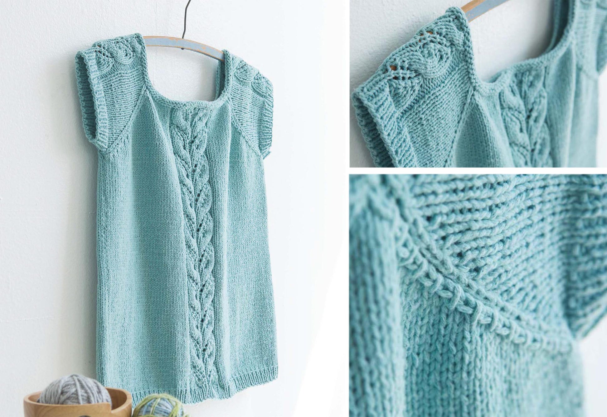 Get Your Lace On by Leisure Arts: A light blue, hand-knitted baby dress with intricate cable knit patterns on the front and shoulders hangs on a wooden hanger. Perfect for women's knitting projects; close-up detail is shown on the right.