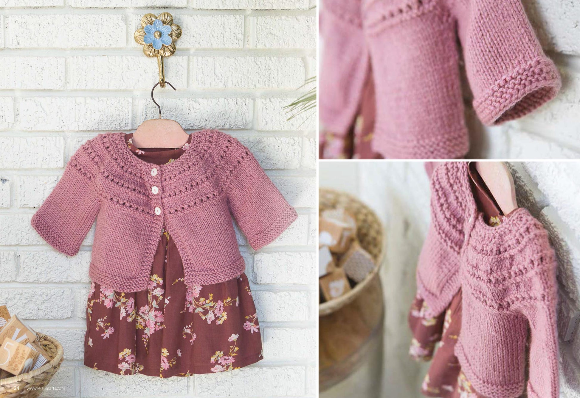 The "Get Your Lace On" cardigan by Leisure Arts is displayed over a floral dress, with close-ups showing intricate stitching—ideal for those looking for beginner knitting patterns or inspiring women's knitting projects.