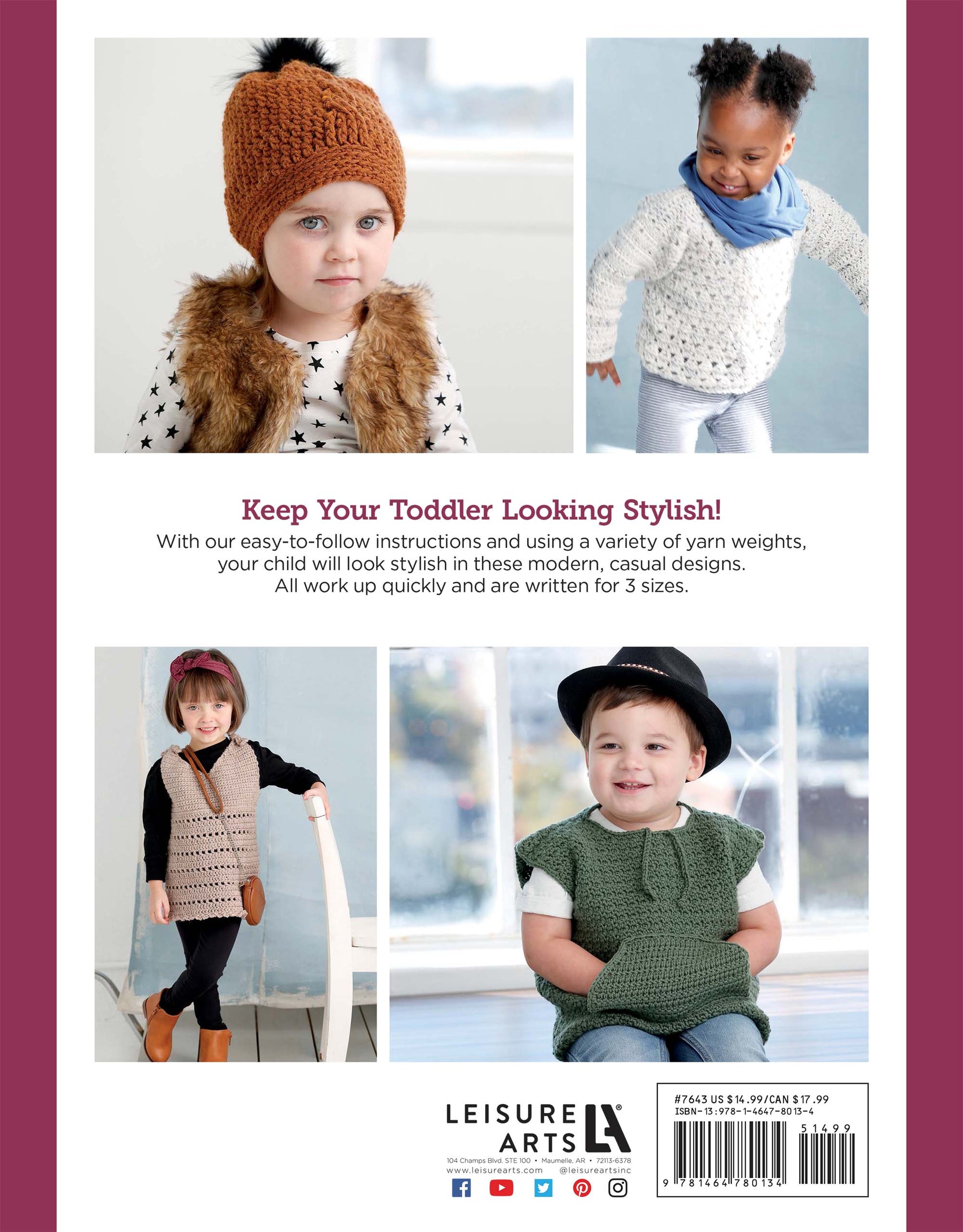 Four toddlers modeling cozy outfits from Crochet Lil’ Hipsters by Leisure Arts—adorable inspiration for beginner crochet patterns, featuring hats, scarves, vests, and dresses in playful styles for boys and girls.