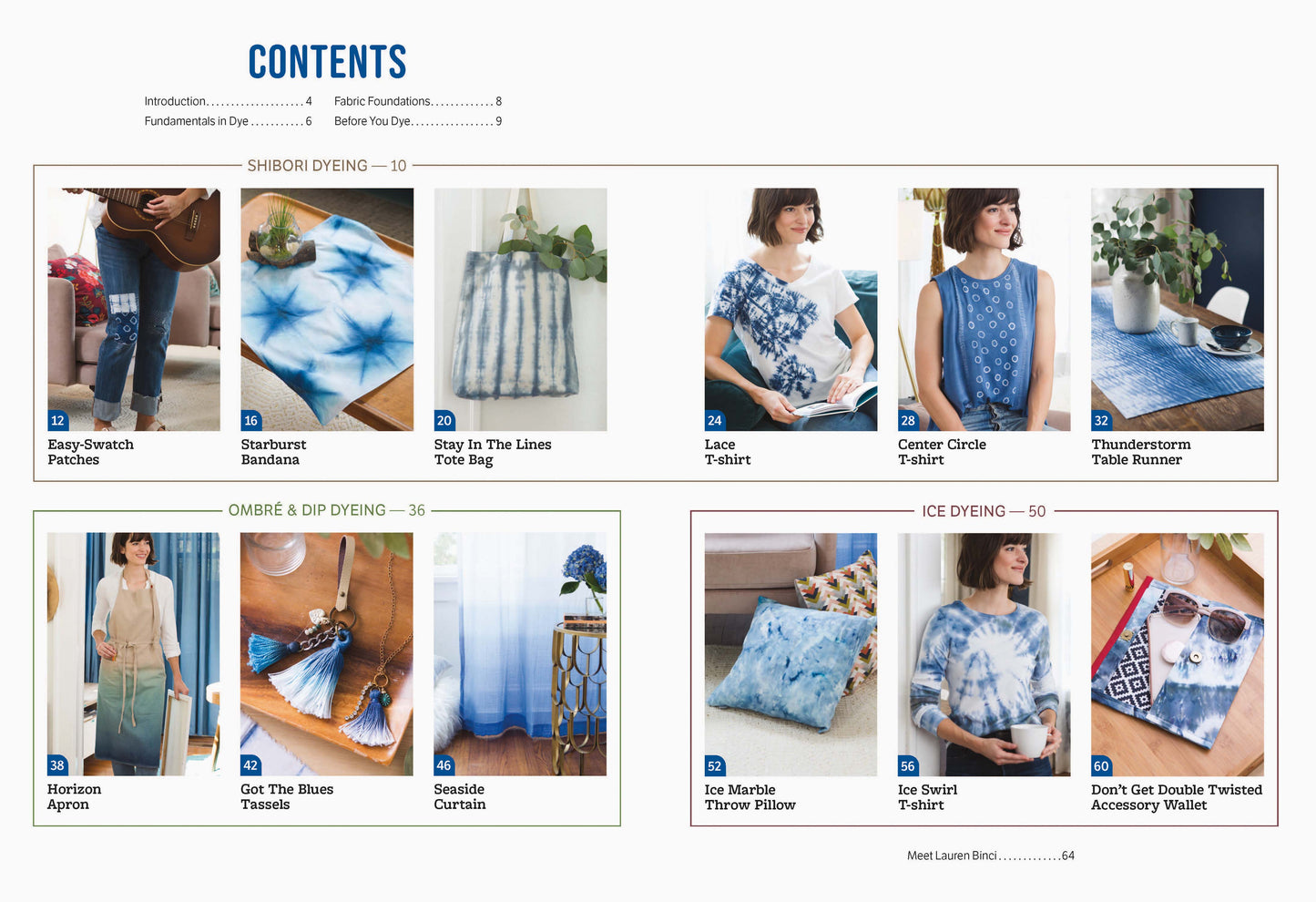 The contents page of Shibori, Ice & Dip Dyeing by Leisure Arts shows vibrant tie-dye projects on natural fibers—including patches, tote bag, napkins, T-shirt, runner, apron, tassels, curtain, pillow & more—with photos and section labels.
