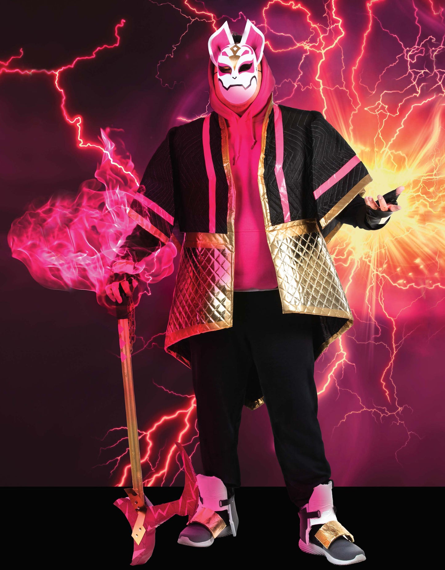 A person in a pink and gold Fortnite Drift costume, made with low-sew techniques from the Leisure Arts Cosplay DIY Workbook, stands holding a glowing pink staff, wearing a fox mask with lightning effects in the background.