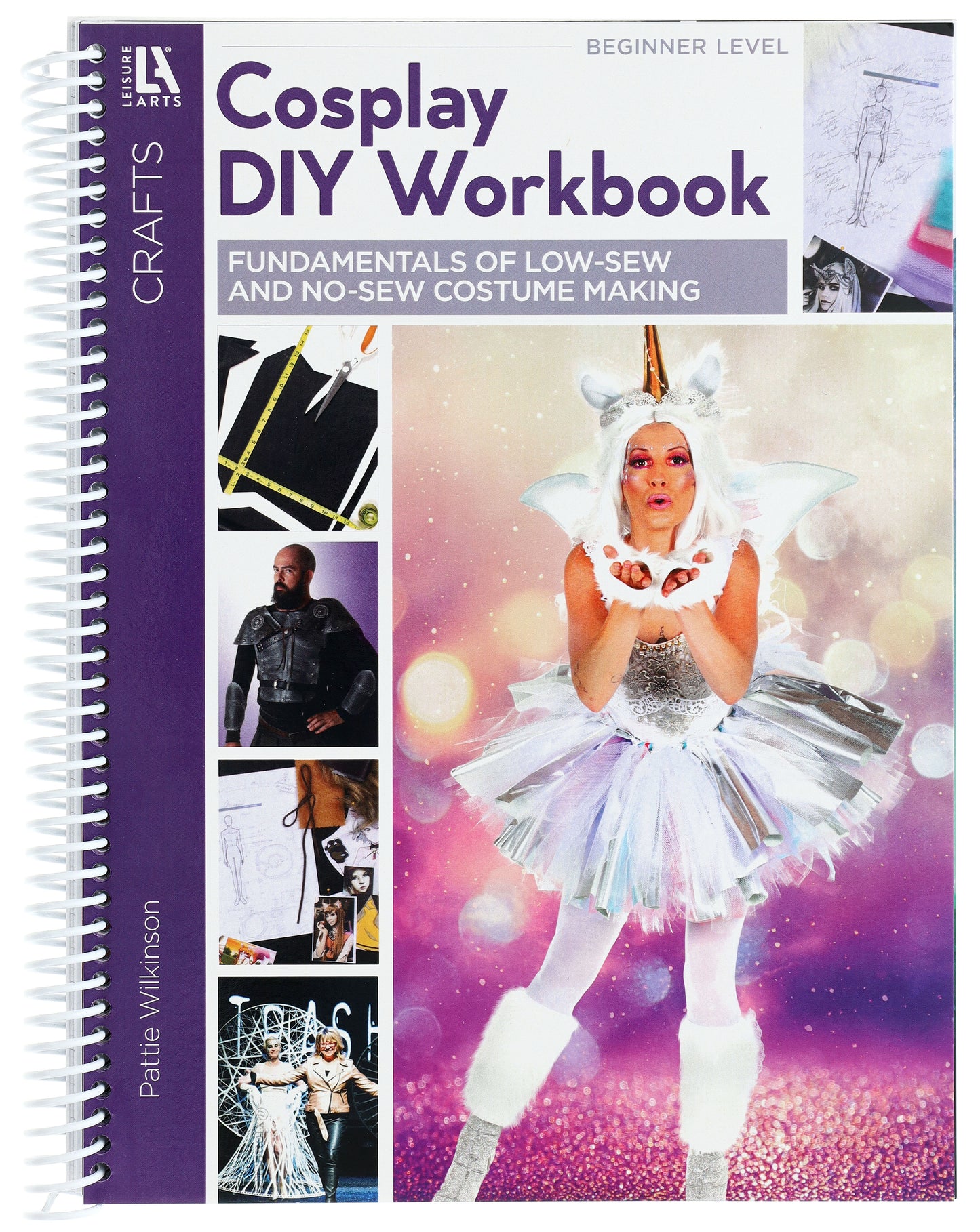 The Cosplay DIY Workbook by Leisure Arts features a purple and white cover with a woman in a silver unicorn costume, sketches, and cosplay photos. This spiral-bound book offers beginner-friendly, low-sew costume projects.