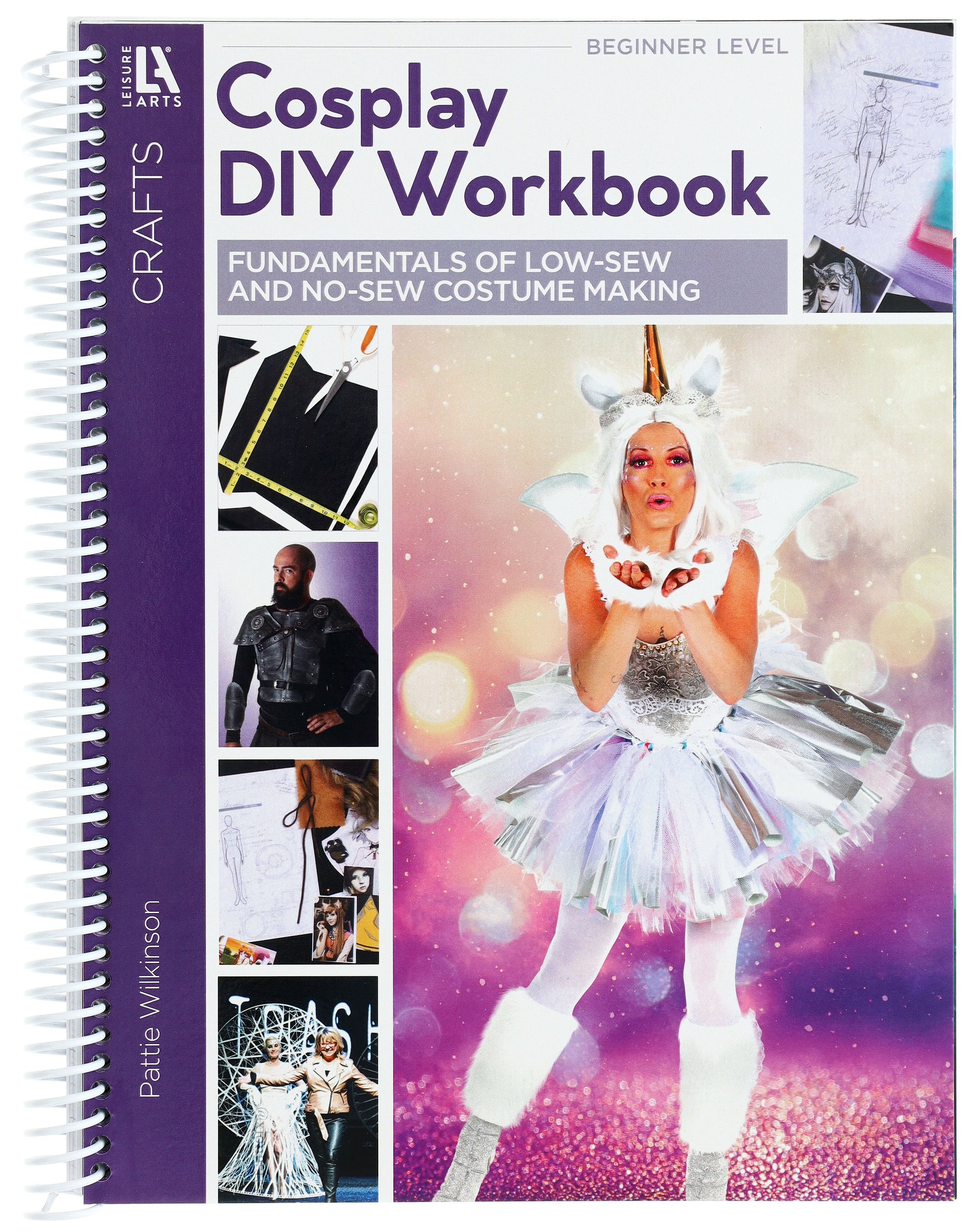 The Cosplay DIY Workbook by Leisure Arts features a purple and white cover with a woman in a silver unicorn costume, sketches, and cosplay photos. This spiral-bound book offers beginner-friendly, low-sew costume projects.
