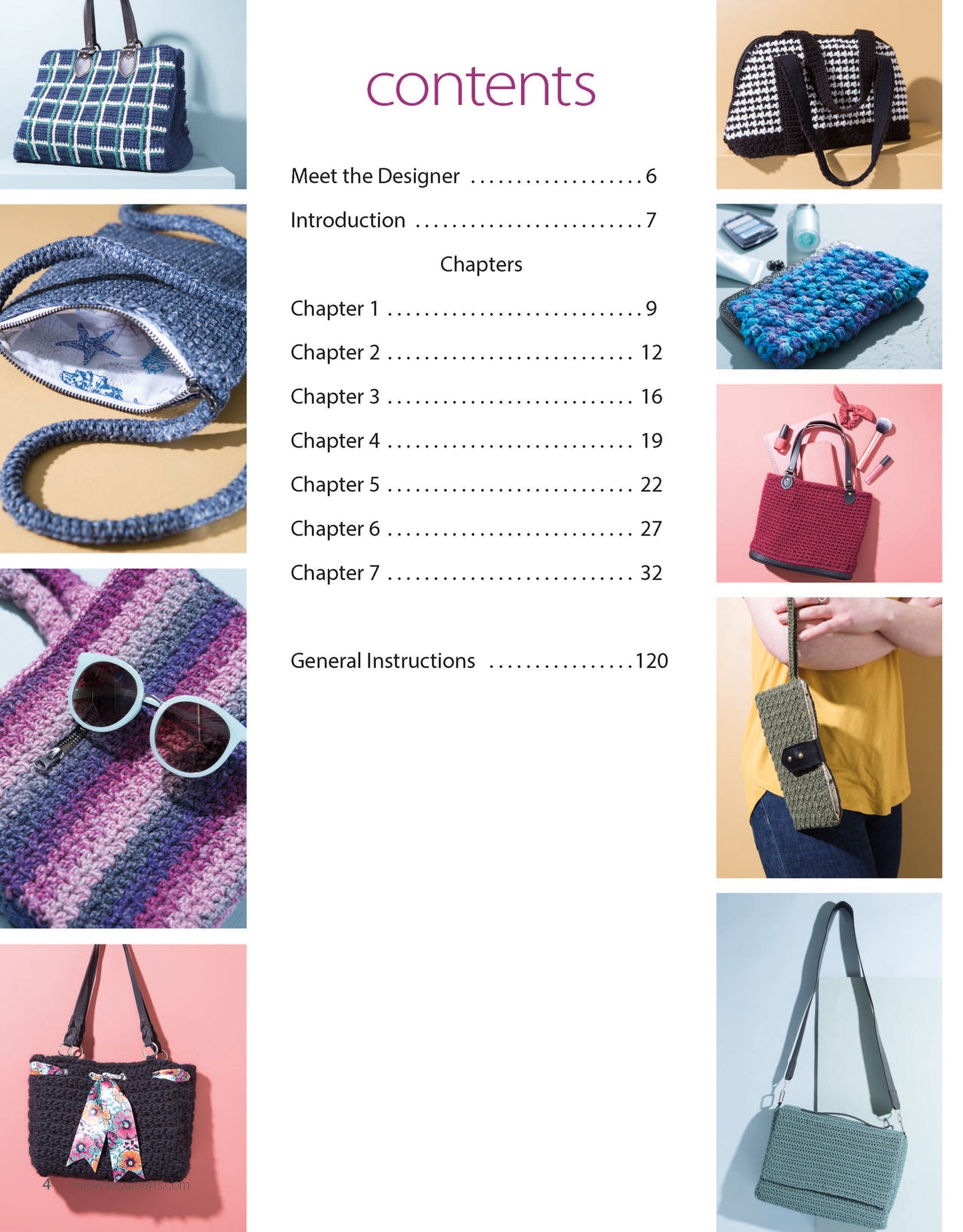 A table of contents page titled “Contents” lists chapters about handmade bags. The page is bordered by photos of colorful handbag crochet patterns from the Crochet Handcrafted Handbags collection by Leisure Arts, shown with assorted props.