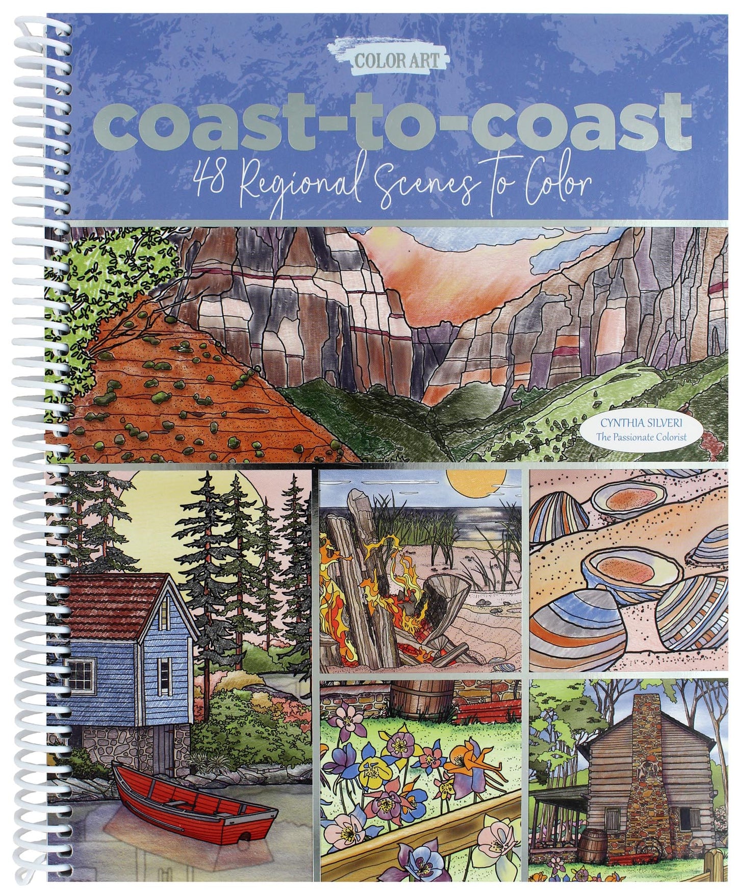 Cover of the Coast to Coast Coloring Book by Leisure Arts, a spiral-bound book featuring 48 regional nature and landscape scenes—mountains, a cabin, flowers, and a barn—to color.