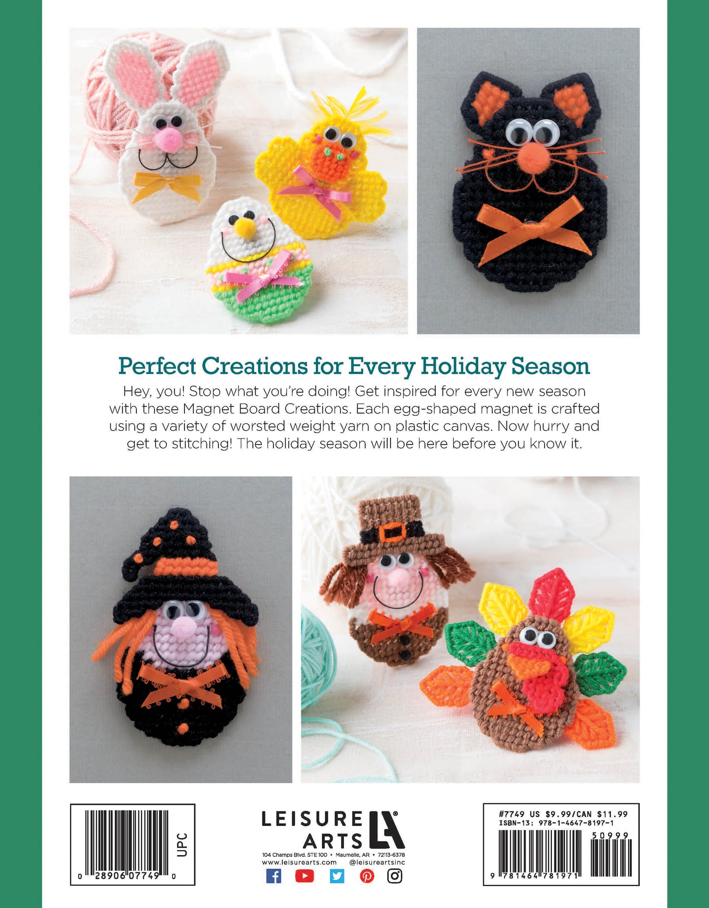 Four beginner-friendly, egg-shaped magnets made with Leisure Arts’ "Magnet Board Creations in Plastic Canvas" digital download are shown: a pink bunny, black cat, yellow duck, scarecrow, pilgrim, and turkey. Text and barcode are visible.