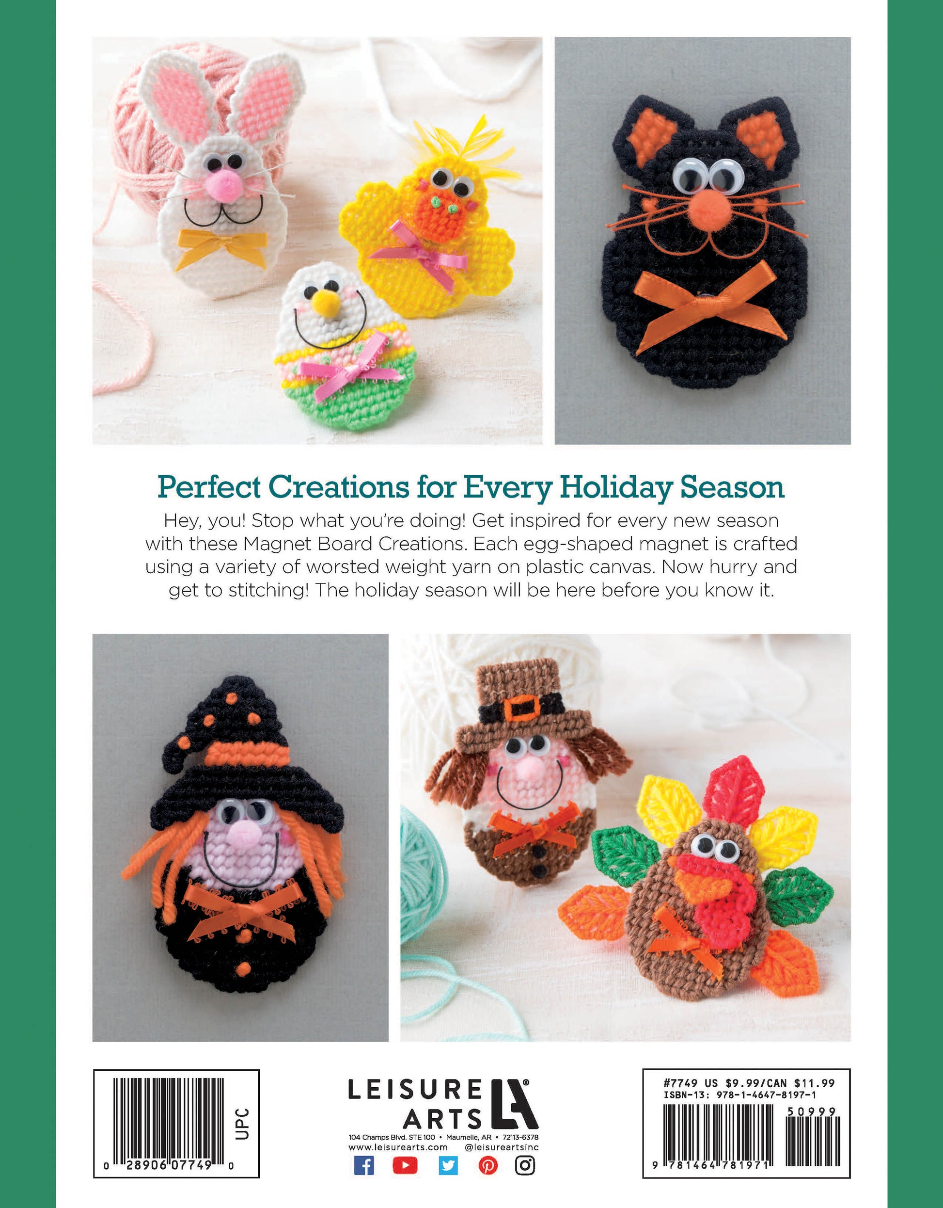 Four beginner-friendly, egg-shaped magnets made with Leisure Arts’ "Magnet Board Creations in Plastic Canvas" digital download are shown: a pink bunny, black cat, yellow duck, scarecrow, pilgrim, and turkey. Text and barcode are visible.