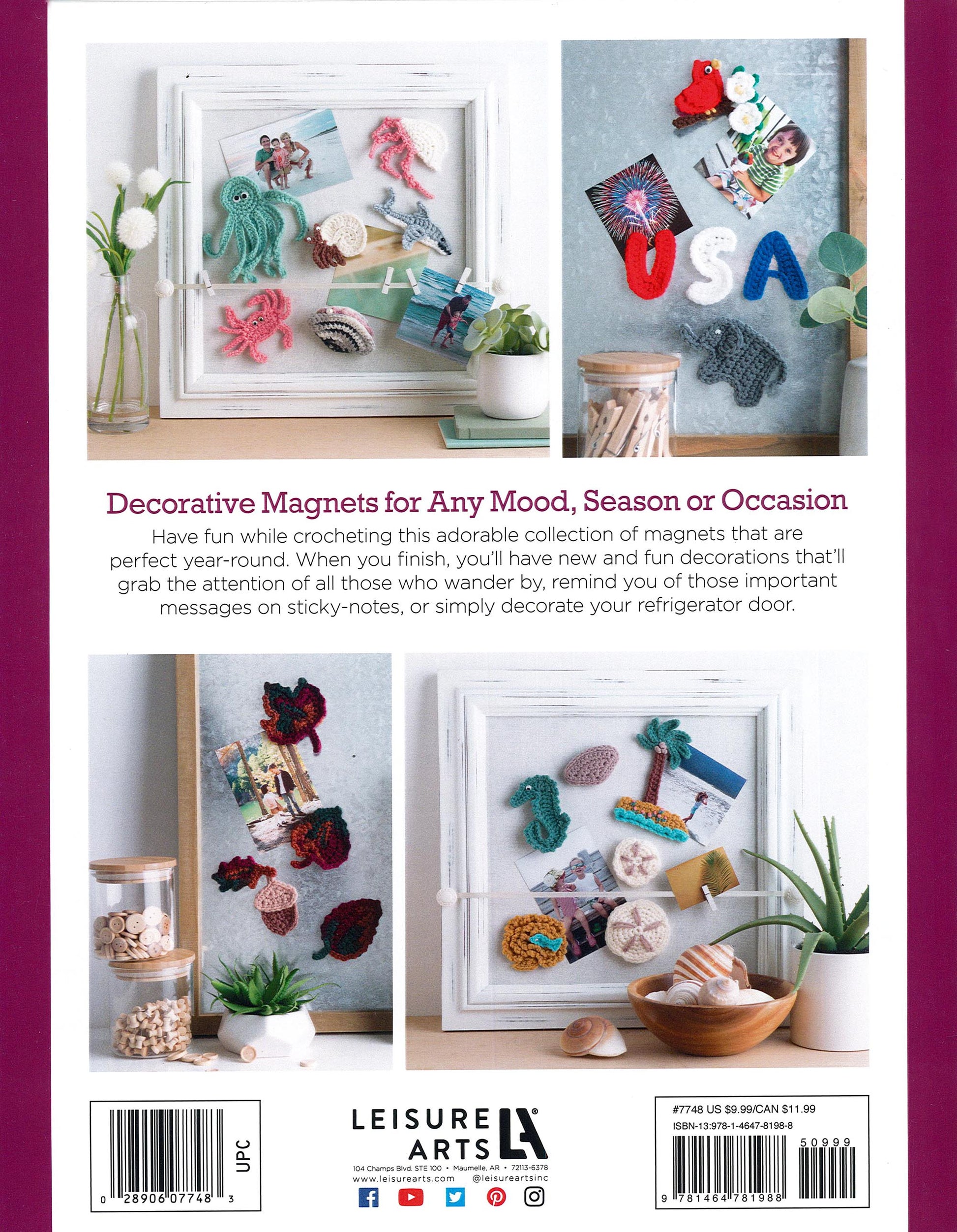 Magnet Board Creations by Leisure Arts accessorize your to-do list with adorable crochet magnets in shapes like letters, flowers, and animals—perfect for brightening up fridges or whiteboards while holding photos and notes.