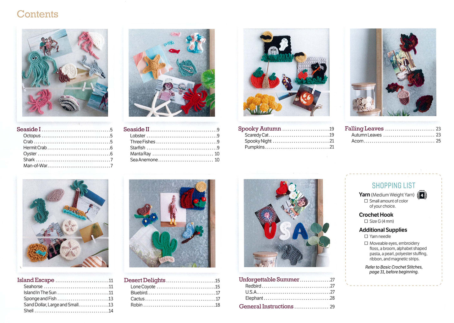 The table of contents page for Leisure Arts' "Magnet Board Creations—Accessorize Your To-Do List With These Adorable Designs" shows photos of beginner crochet magnets shaped like sea creatures, leaves, desserts, cacti, and summer icons with section titles and page numbers.