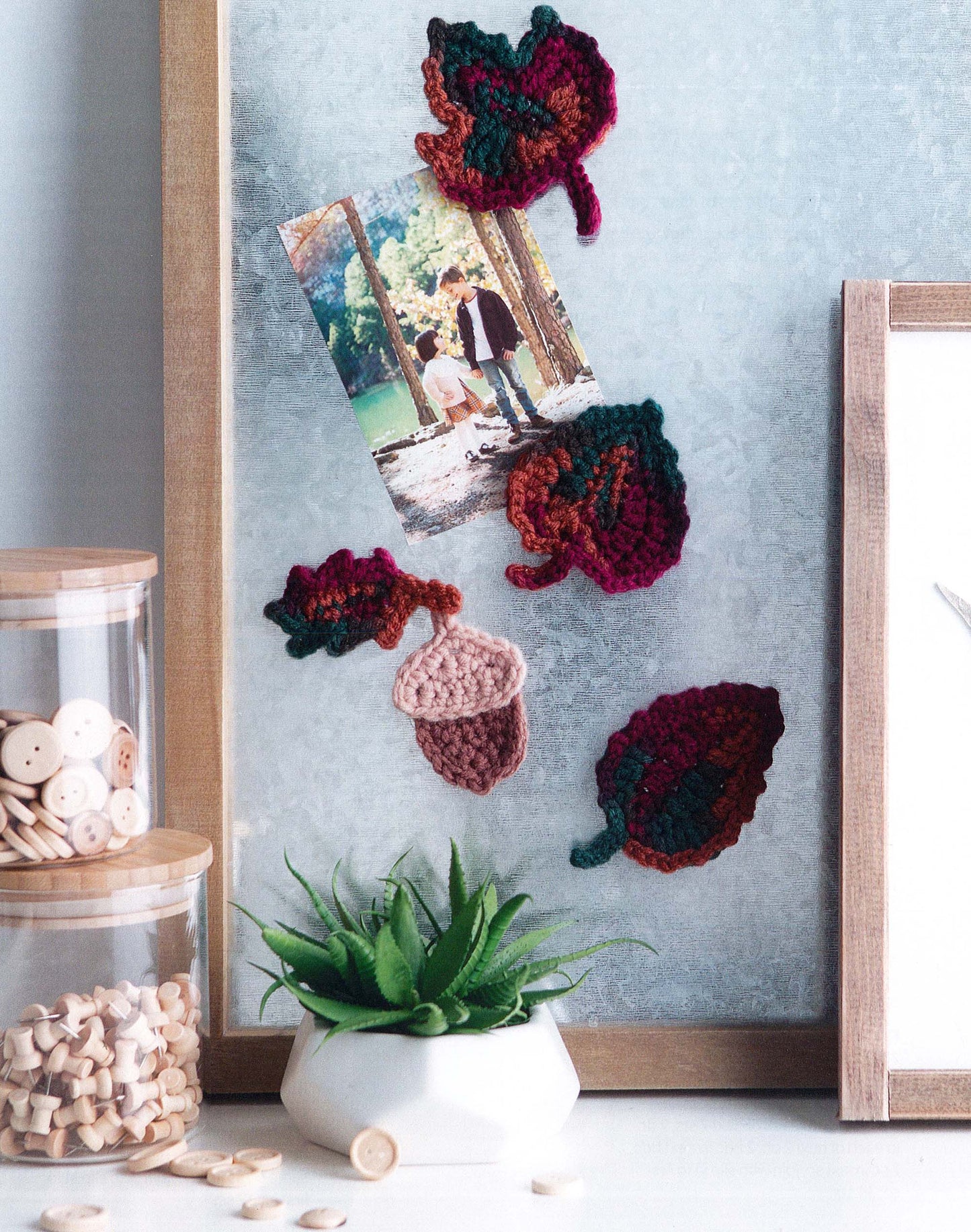 Leisure Arts' Magnet Board Creations displays a photo held by four autumn leaf and acorn crochet magnets—charming fridge decor—alongside jars of wooden buttons and a small green succulent in a white pot.