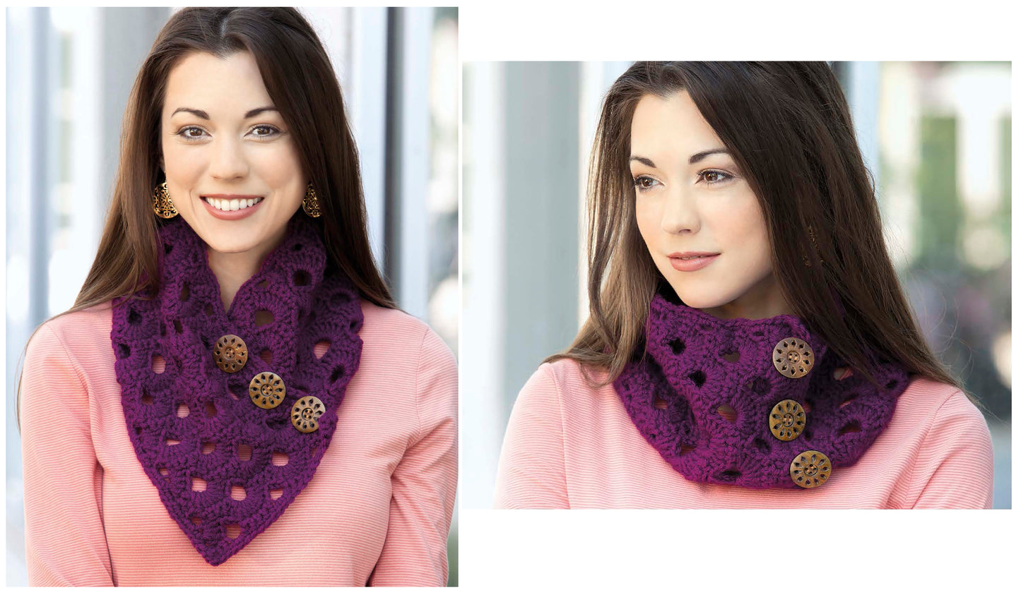 A woman with long brown hair models a purple crocheted neck warmer from The Little Encyclopedia of Crocheted Scarves by Leisure Arts, featuring three decorative buttons, worn over a light pink top. She alternately smiles and looks to the side.