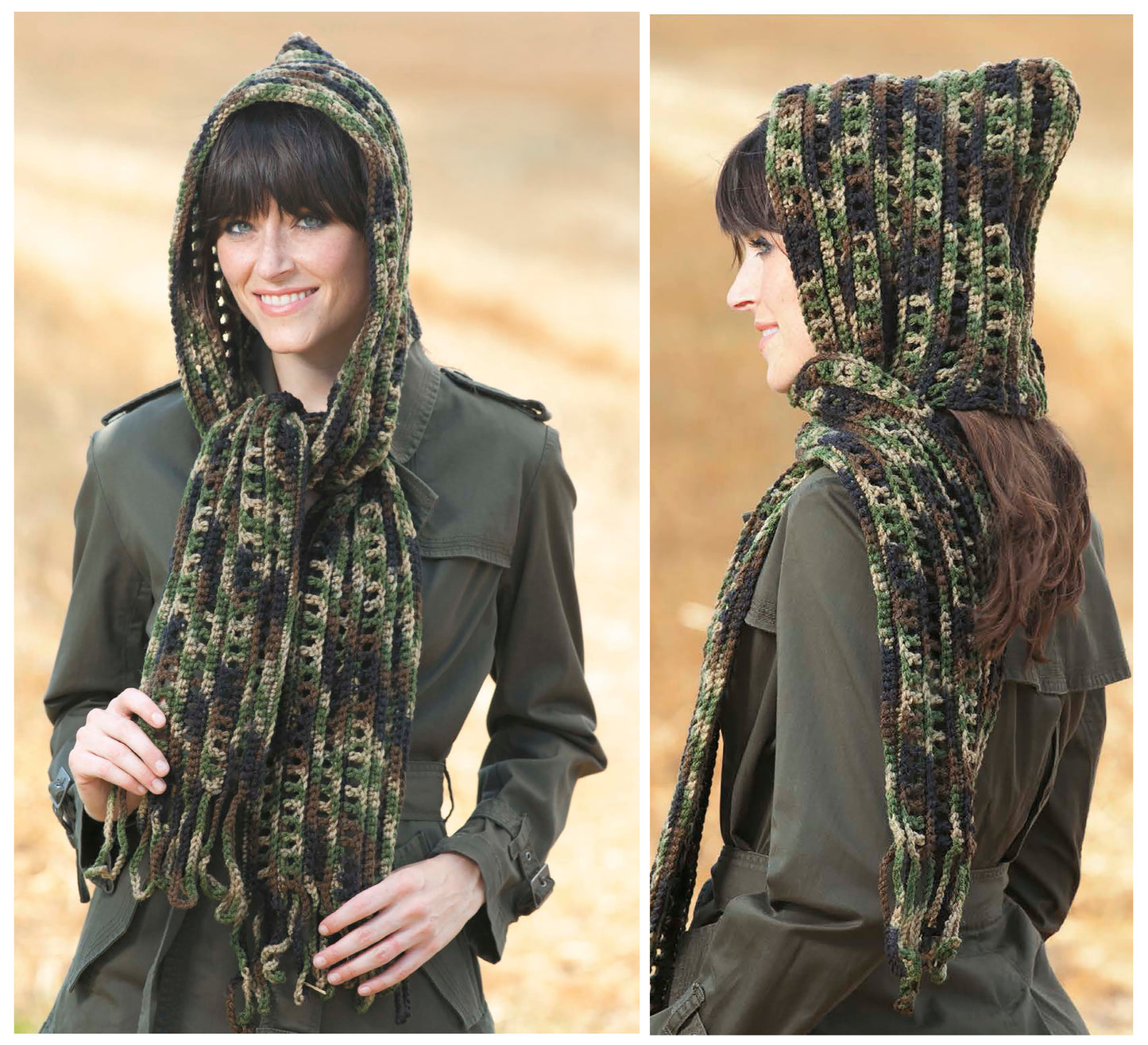 A woman models a green and brown striped hooded scarf with long fringes, crocheted from "The Little Encyclopedia of Crocheted Scarves" by Leisure Arts, shown outdoors in fall from both front and side views.
