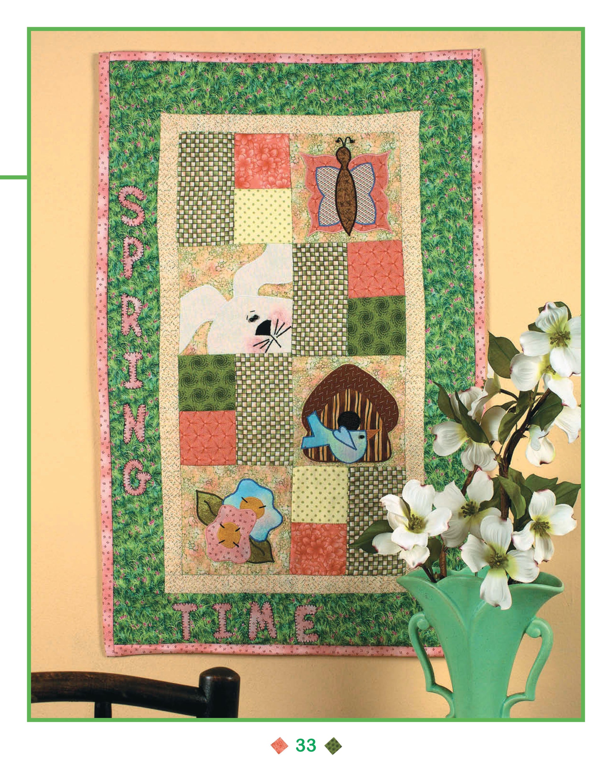 Quick & Easy Wall Hangings for the Seasons Digital Download by Leisure Arts features charming seasonal designs—like butterflies, bunnies, birdhouses, and flowers on patchwork blocks—great inspiration for machine applique quilts and quilt patterns.