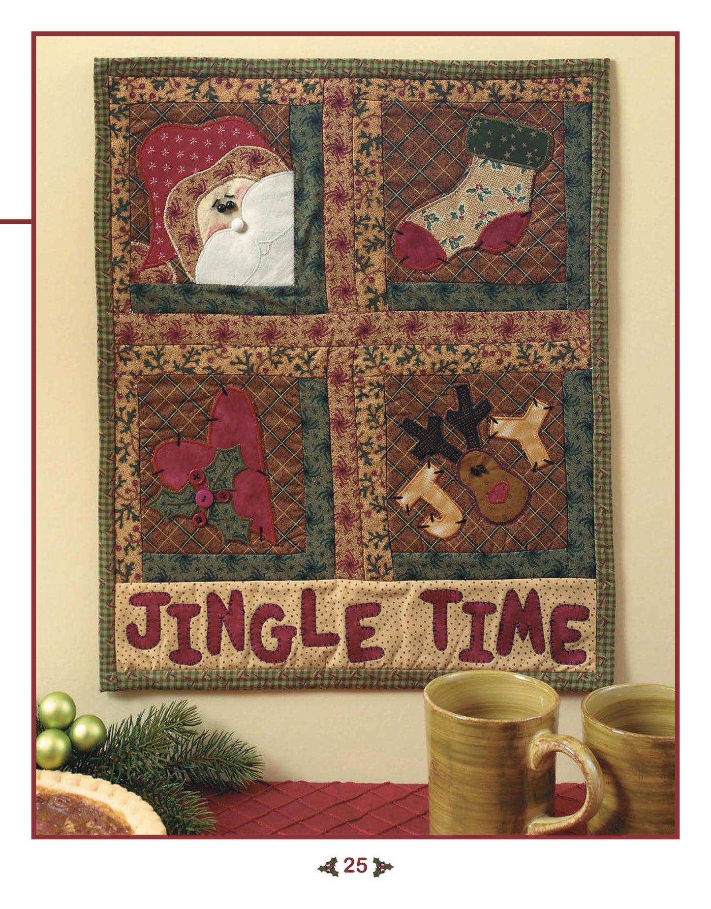 The "Quick & Easy Wall Hangings for the Seasons" digital download by Leisure Arts features four festive quilted panels—Santa, stocking, holly, and cookies—with plaid borders and “JINGLE TIME” stitched below. Holiday mugs and decor are displayed in front.