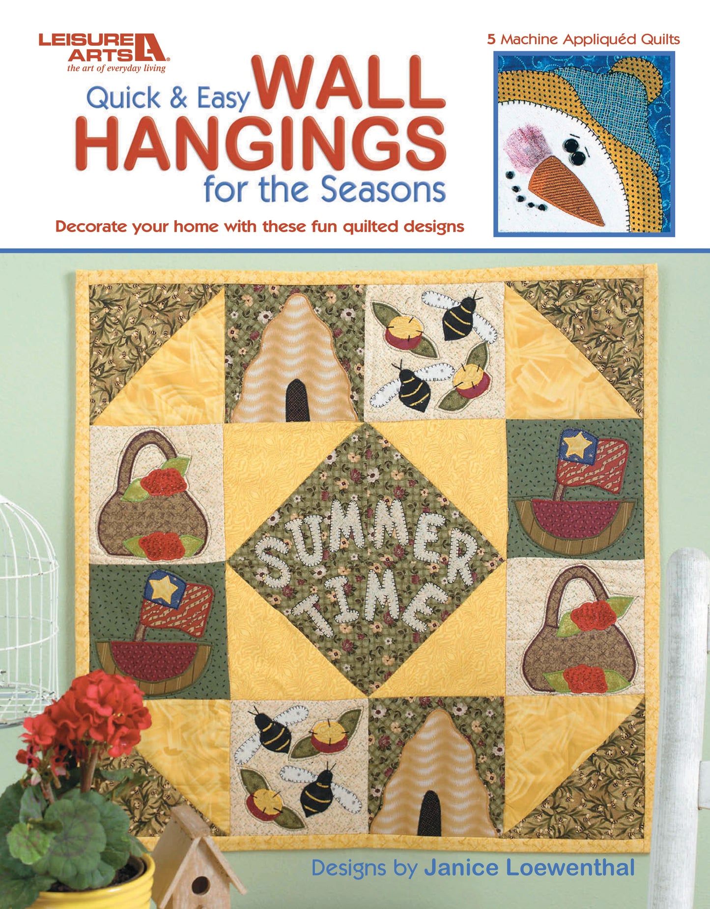 The image shows the cover of "Quick & Easy Wall Hangings for the Seasons Digital Download" by Leisure Arts, featuring seasonal quilt patterns with bees, baskets, fruit, and "SUMMER TIME" for making festive wall décor.