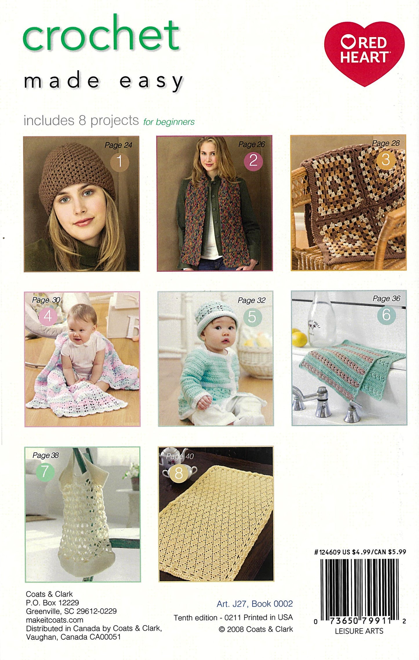 The book cover for Crochet Made Easy by Leisure Arts shows photos of 8 beginner projects—hats, a scarf, blankets, a baby set, and a dishcloth—with each project’s page number listed for easy reference.