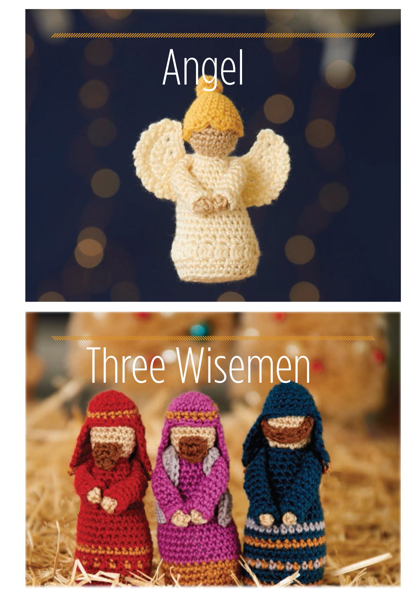 Top: A crocheted angel with yellow hair and white wings. Bottom: Three crocheted wisemen in colorful robes, each holding a gift. Angel and Three Wisemen from the "Crochet Nativity Digital Download" by Leisure Arts.