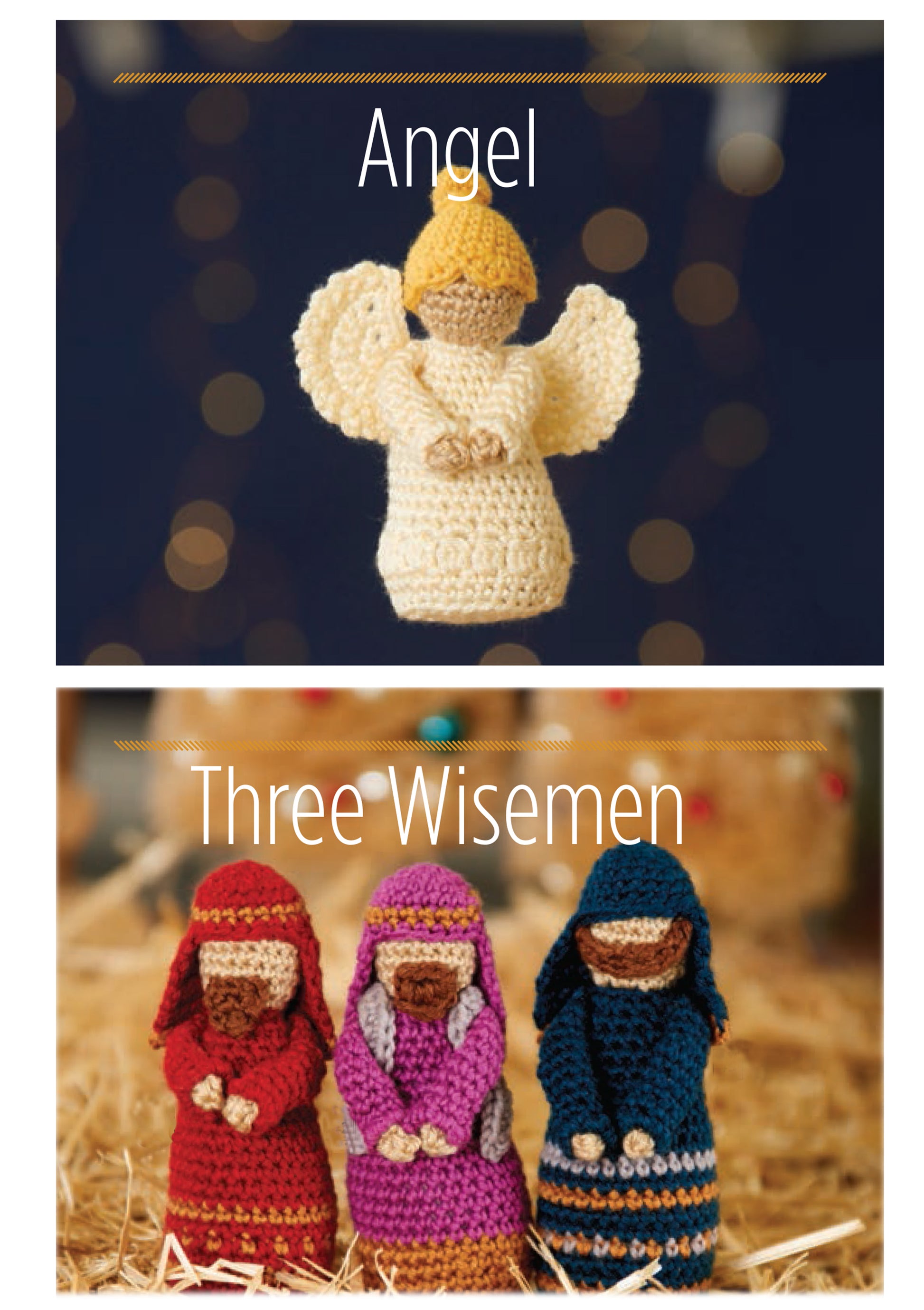 Top: A crocheted angel with yellow hair and white wings. Bottom: Three crocheted wisemen in colorful robes, each holding a gift. Angel and Three Wisemen from the "Crochet Nativity Digital Download" by Leisure Arts.